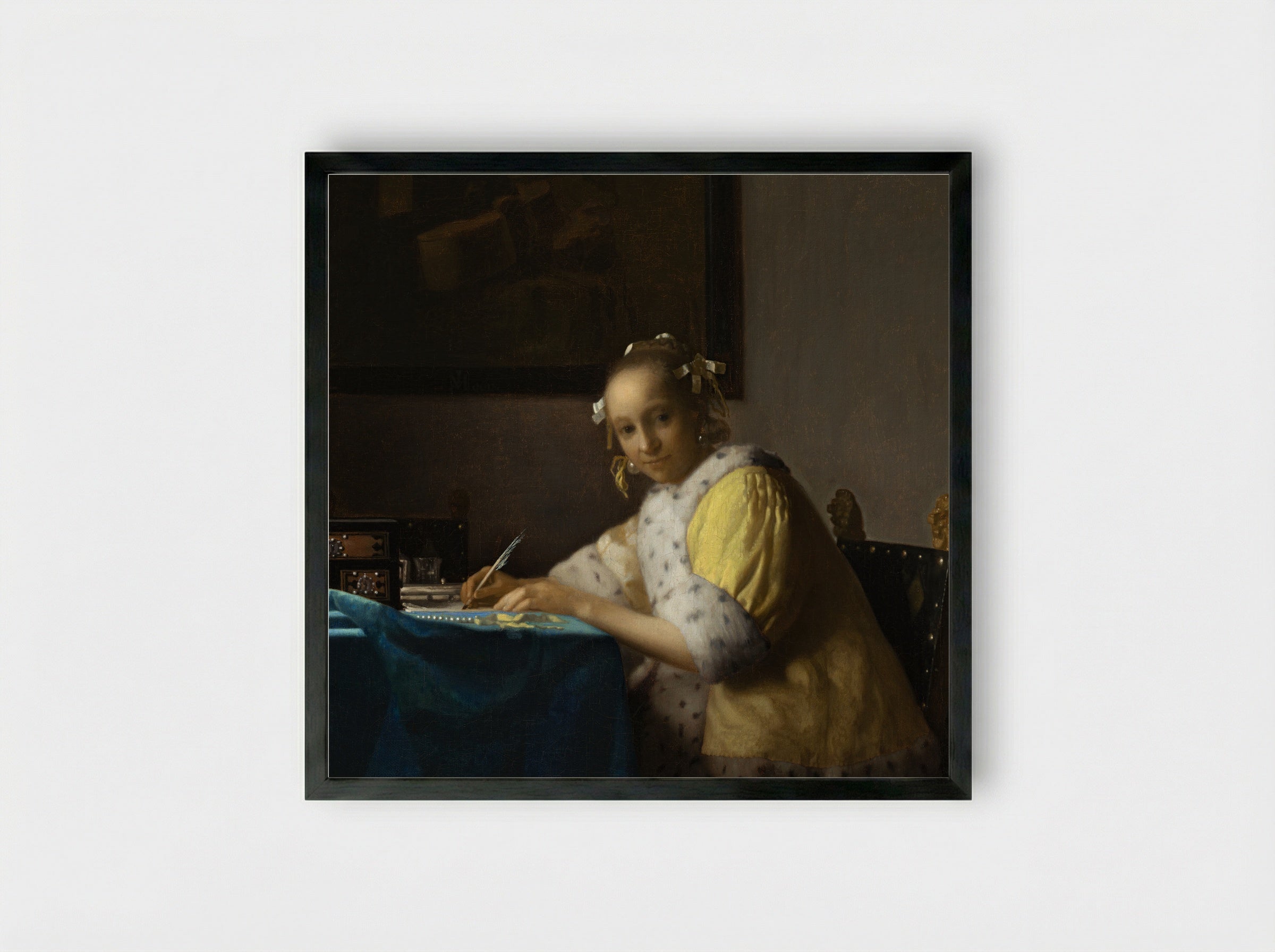 A Lady Writing a Letter - Johannes Vermeer - Framed Print Black