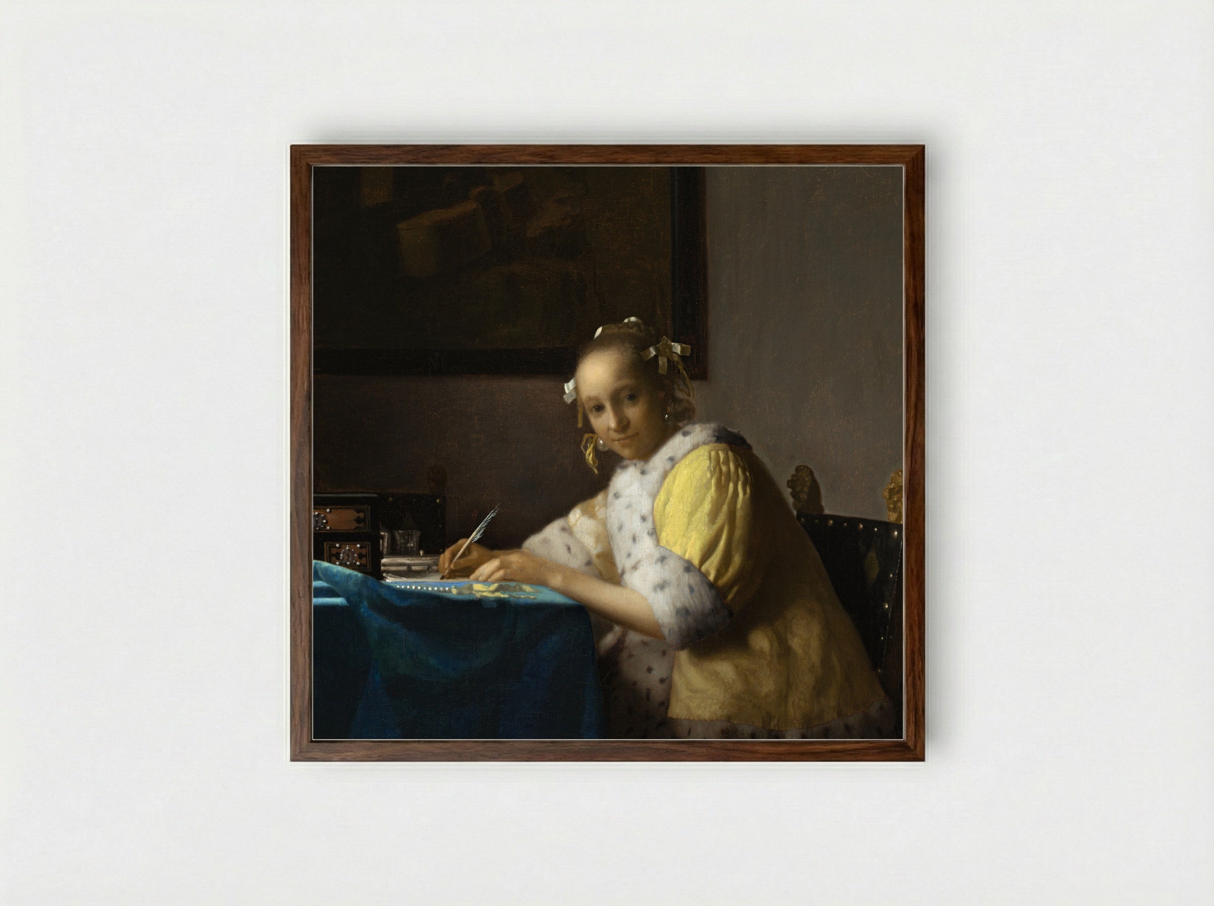 A Lady Writing a Letter - Johannes Vermeer - Framed Print Dark Wood