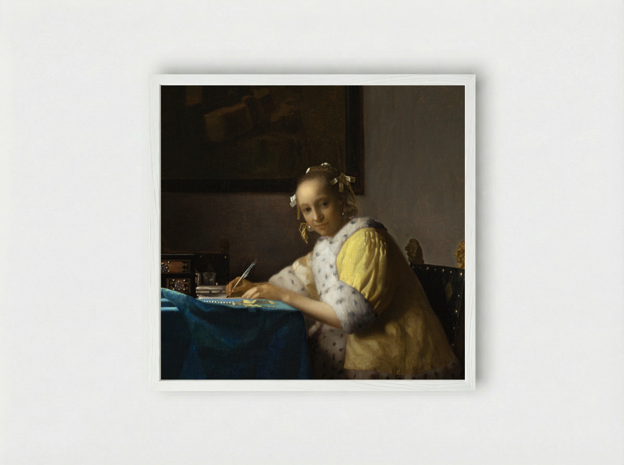 A Lady Writing a Letter - Johannes Vermeer - Framed Print White
