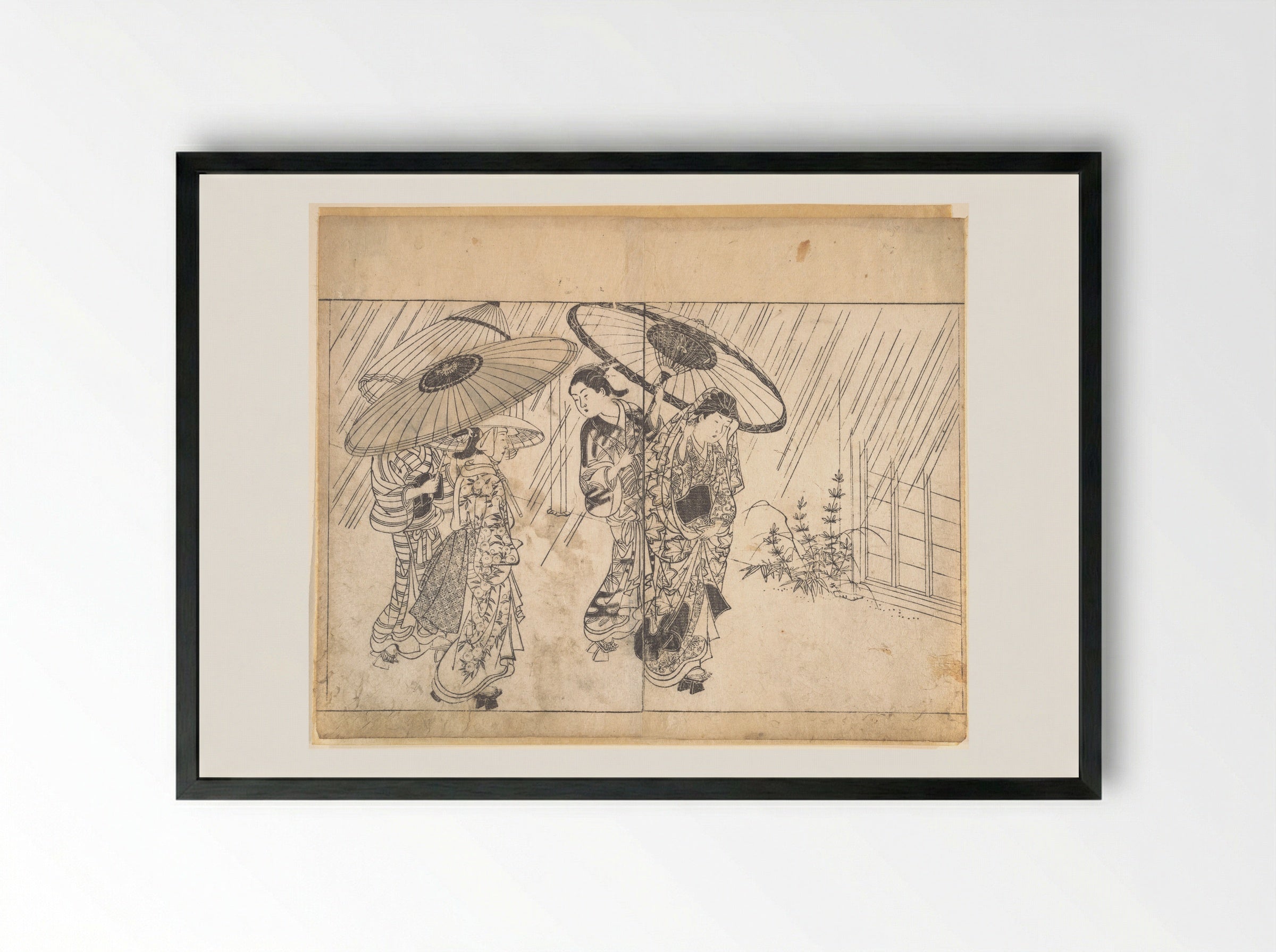 A Lady with Three Attendants in the Rain - Nishikawa Sukenobu - Framed Print Black