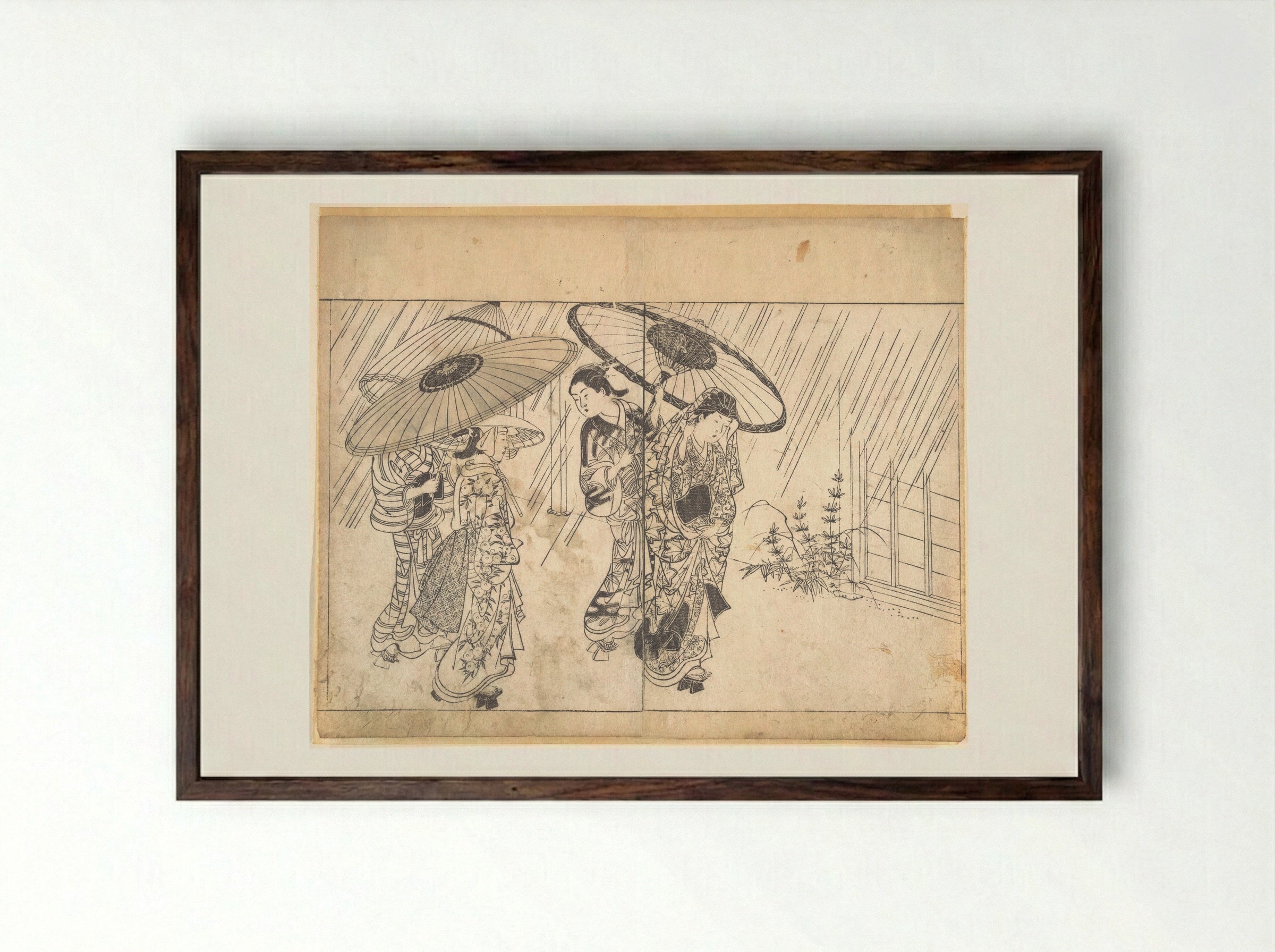 A Lady with Three Attendants in the Rain - Nishikawa Sukenobu - Framed Print Dark Wood
