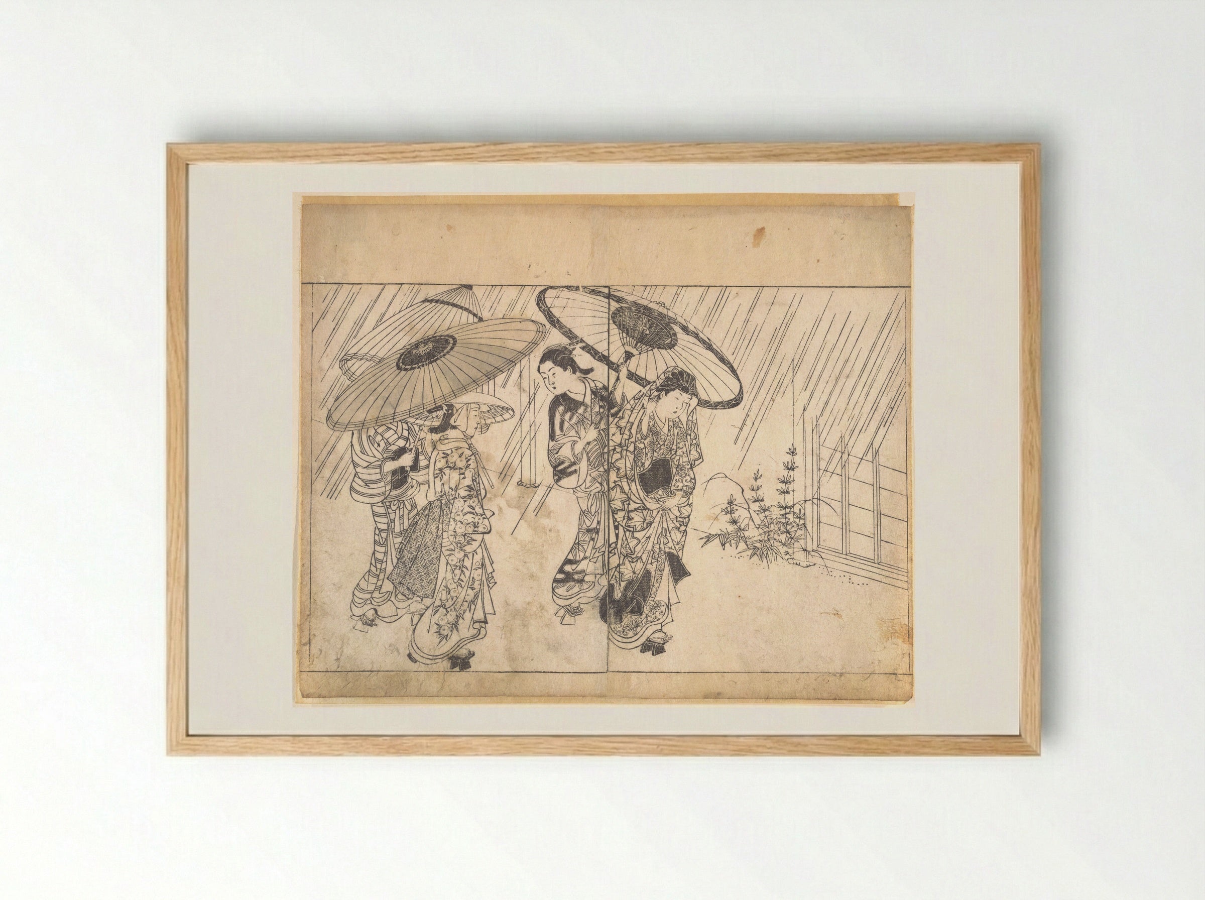 A Lady with Three Attendants in the Rain - Nishikawa Sukenobu - Framed Print Wood