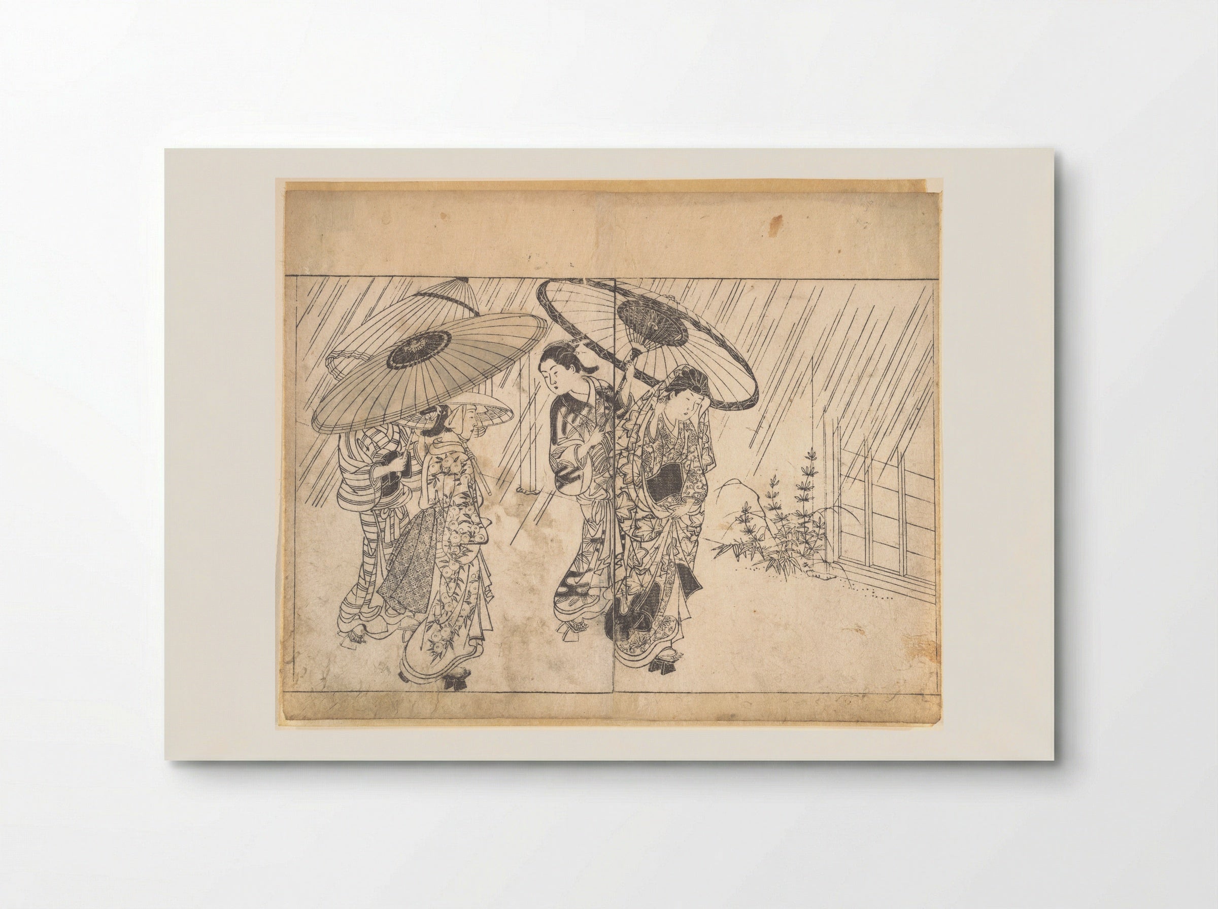 A Lady with Three Attendants in the Rain - Nishikawa Sukenobu - Poster