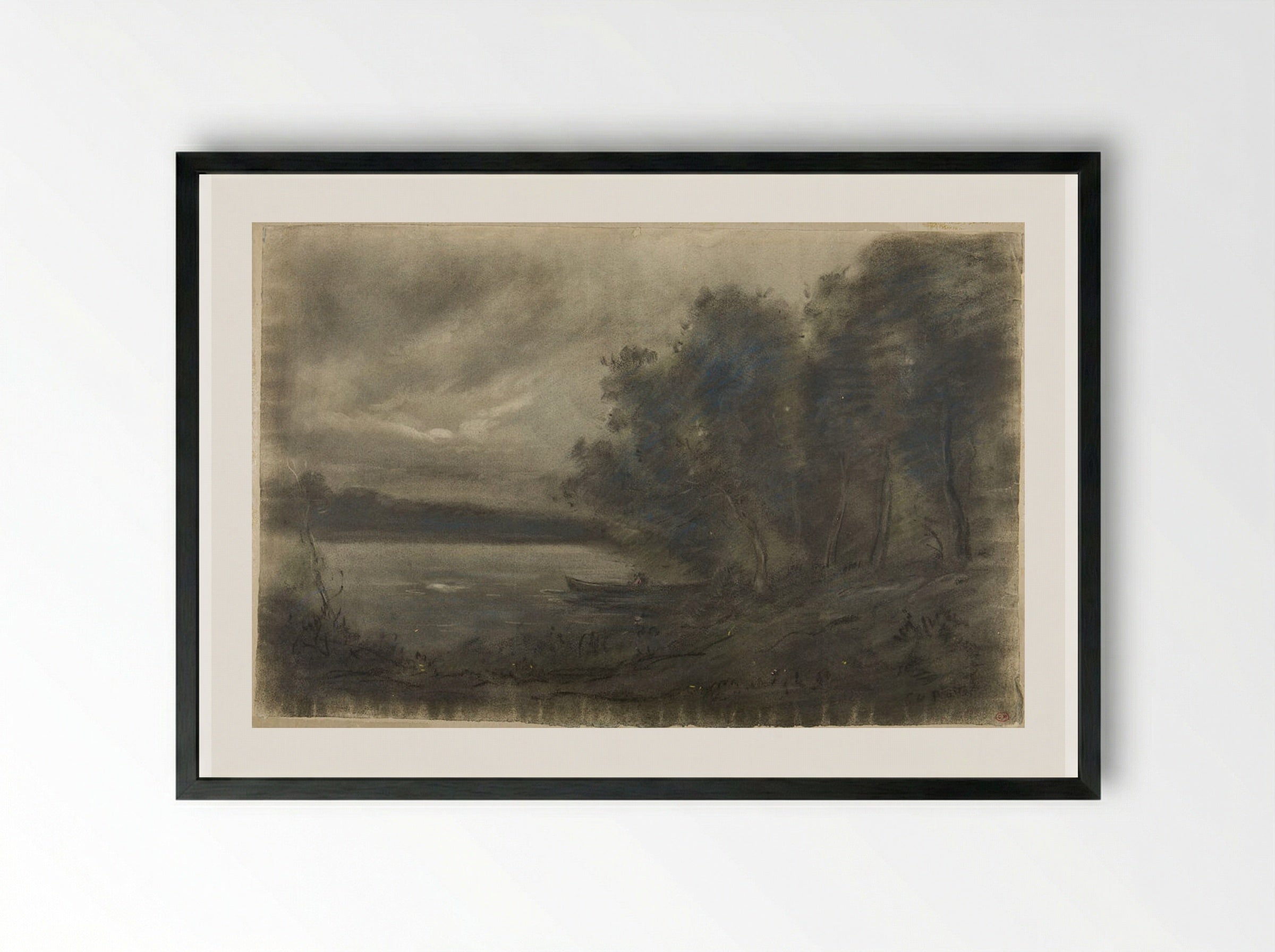 A Lake with a Man in a Boat - Jean-Baptiste-Camille Corot - Framed Print Black