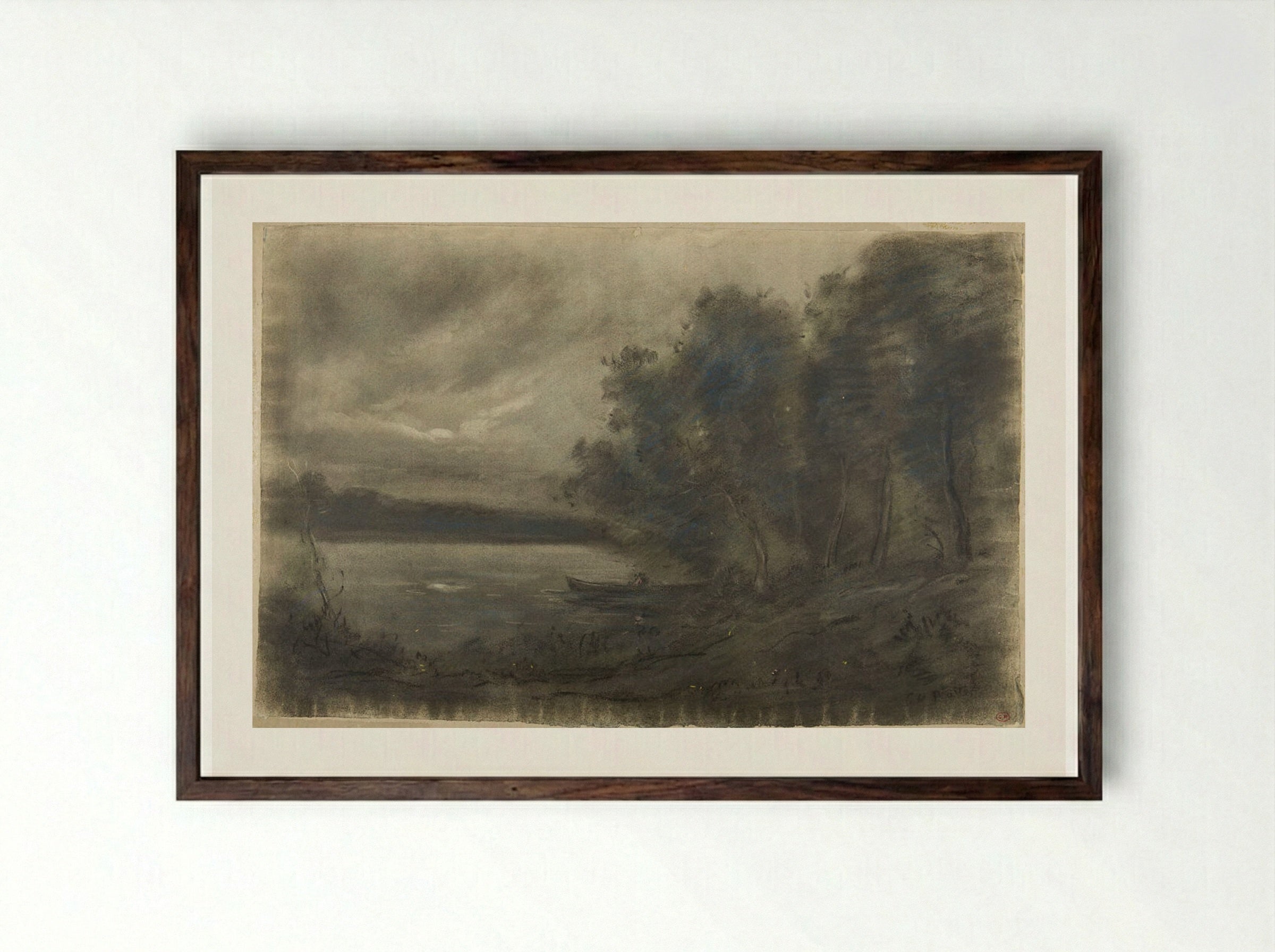 A Lake with a Man in a Boat - Jean-Baptiste-Camille Corot - Framed Print Dark Wood