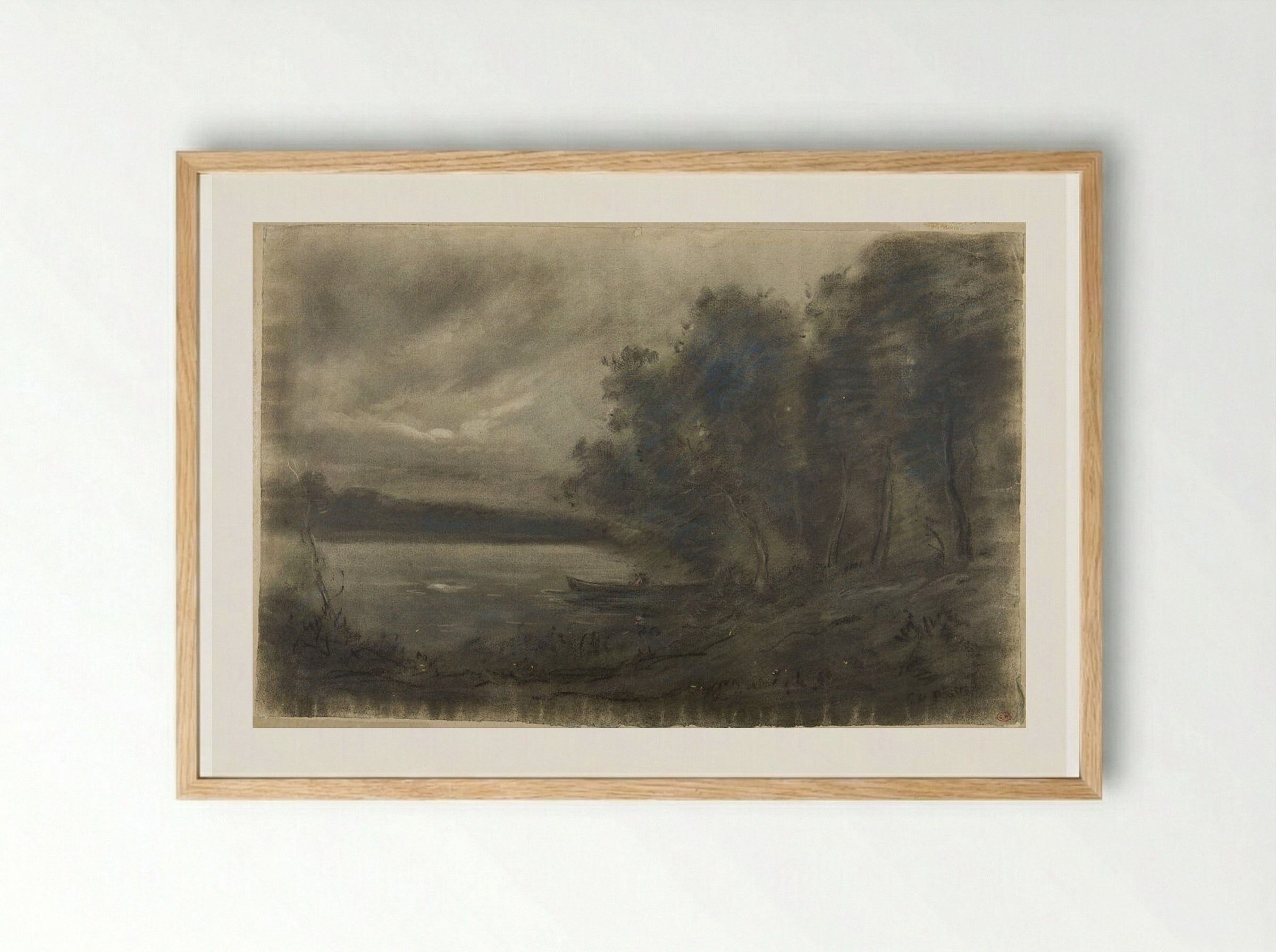 A Lake with a Man in a Boat - Jean-Baptiste-Camille Corot - Framed Print Wood