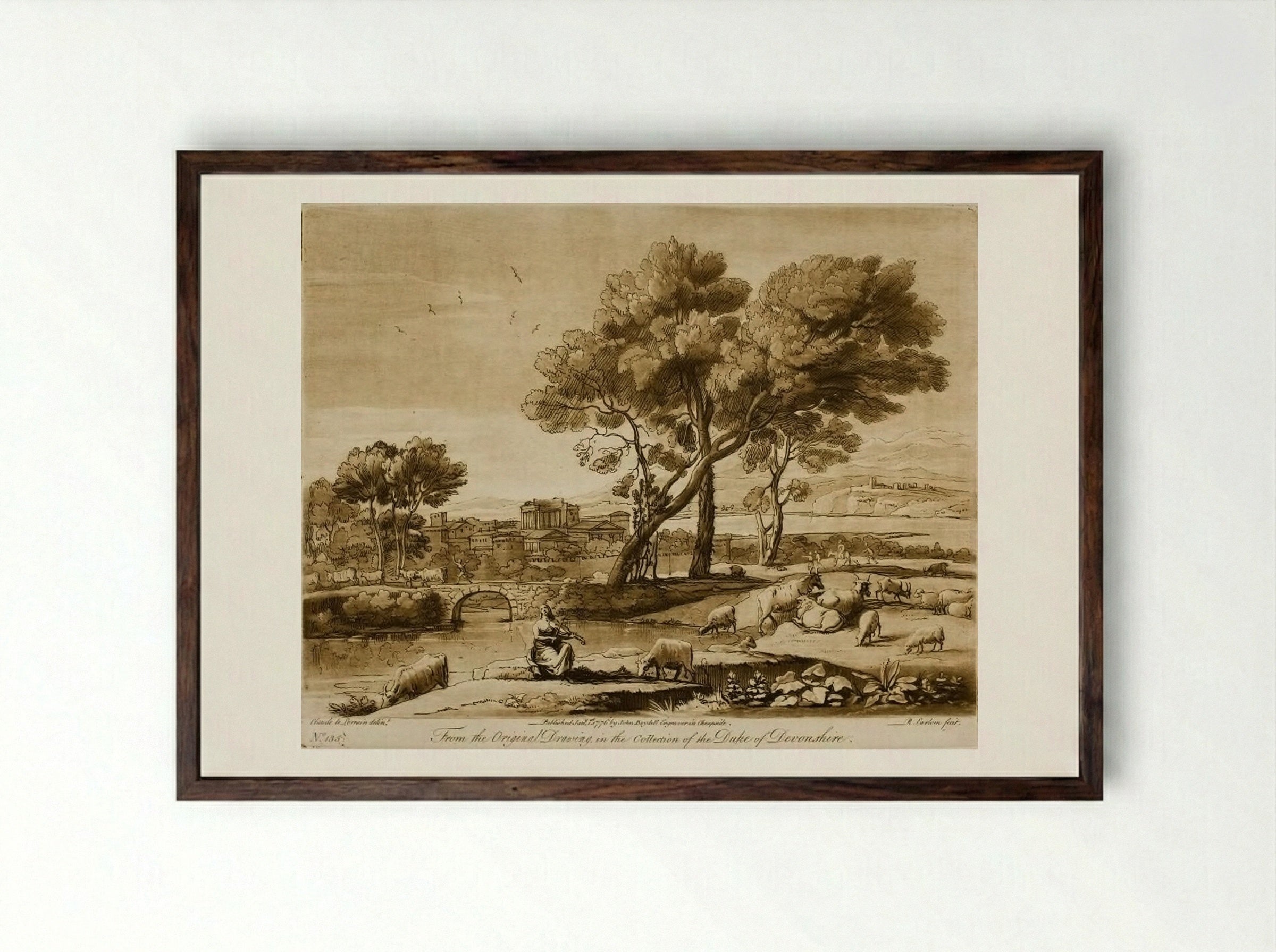 A Landscape, with Buildings, and Mercury Stealing Admetus's Cattle from Apollo - Richard Earlom - Framed Print Dark Wood