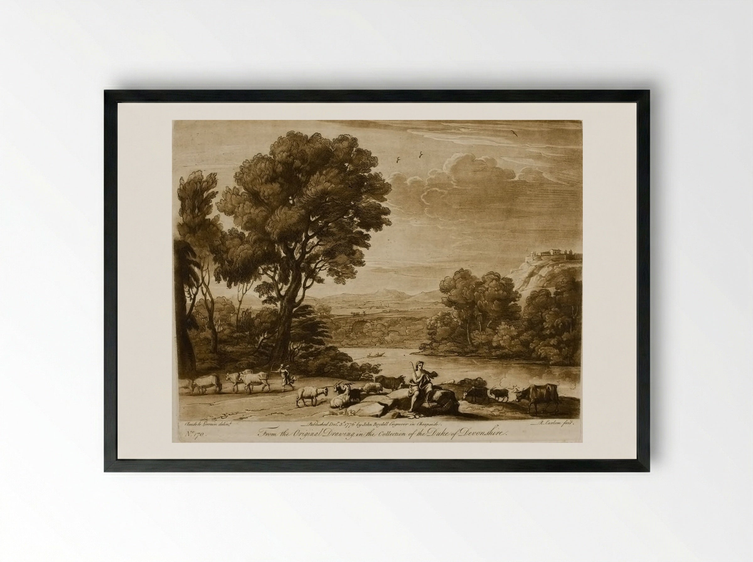 A Landscape, with Cattle, and with Mercury and Battus - Richard Earlom - Framed Print Black