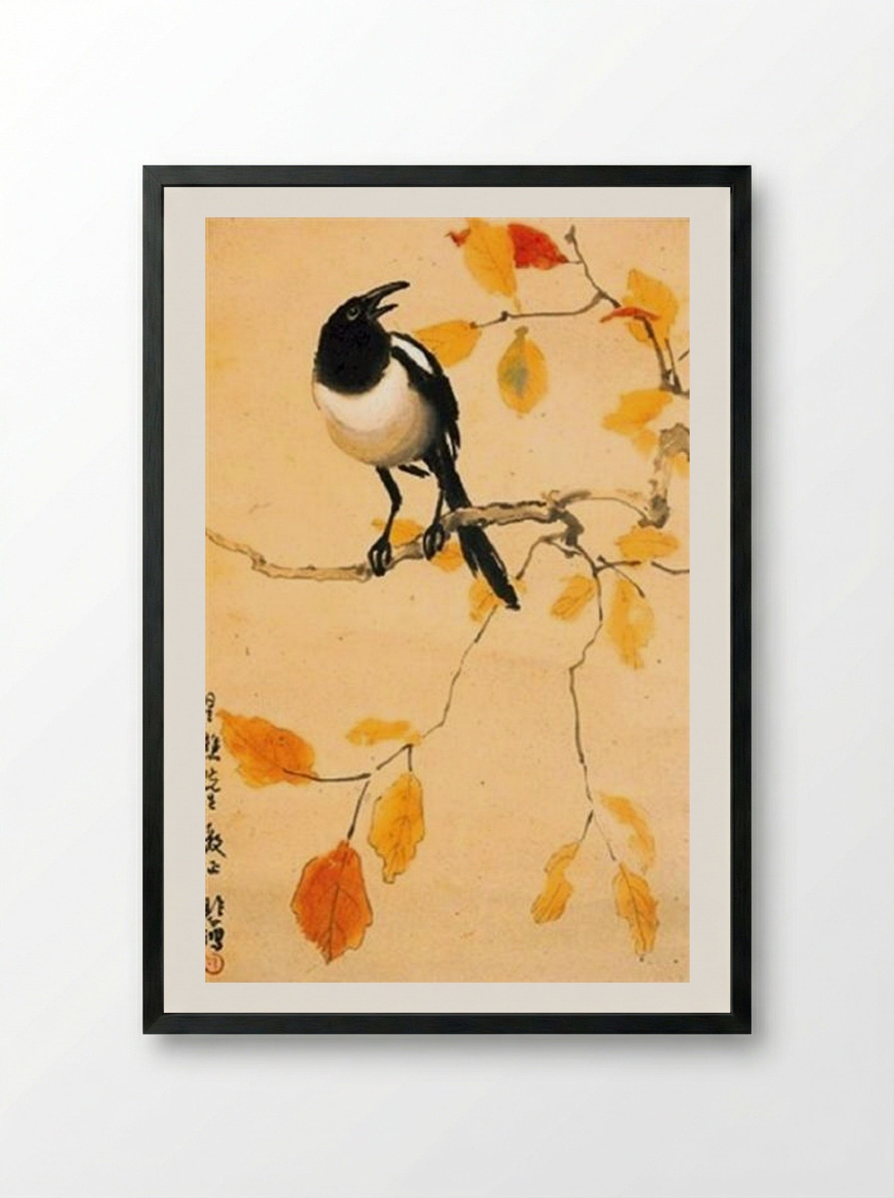 A Magpie on a Maple Branch - Xu Beihong - Framed Print Black
