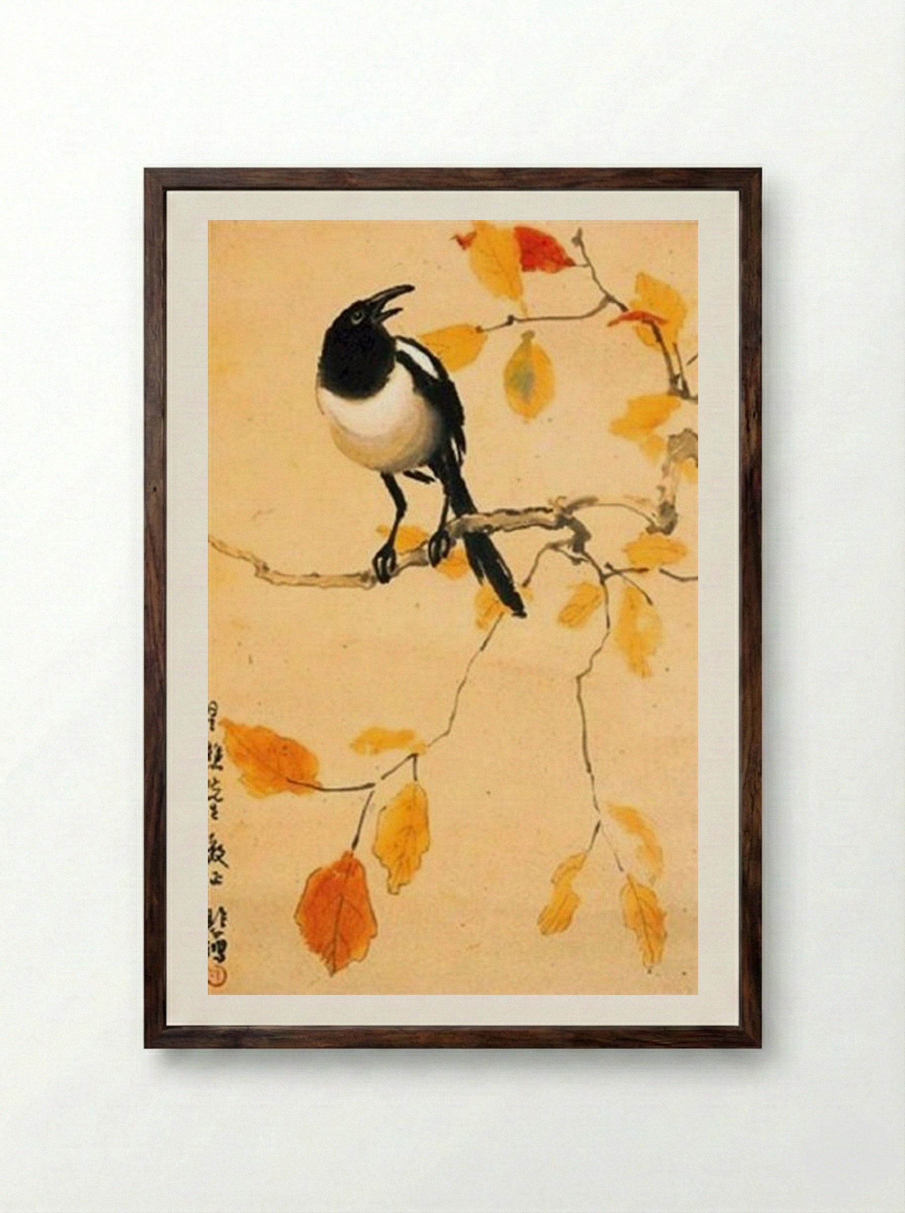 A Magpie on a Maple Branch - Xu Beihong - Framed Print Dark Wood