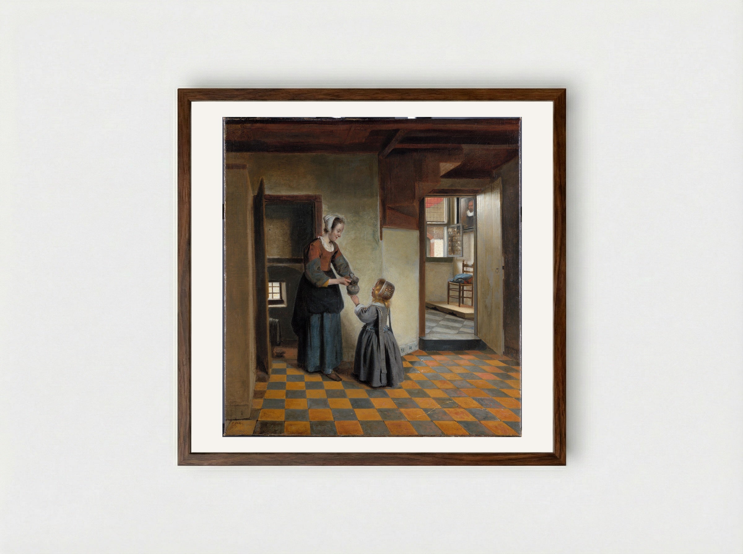 A Maidservant with a Child in a Cellar Chamber - Pieter de Hooch - Framed Print Dark Wood
