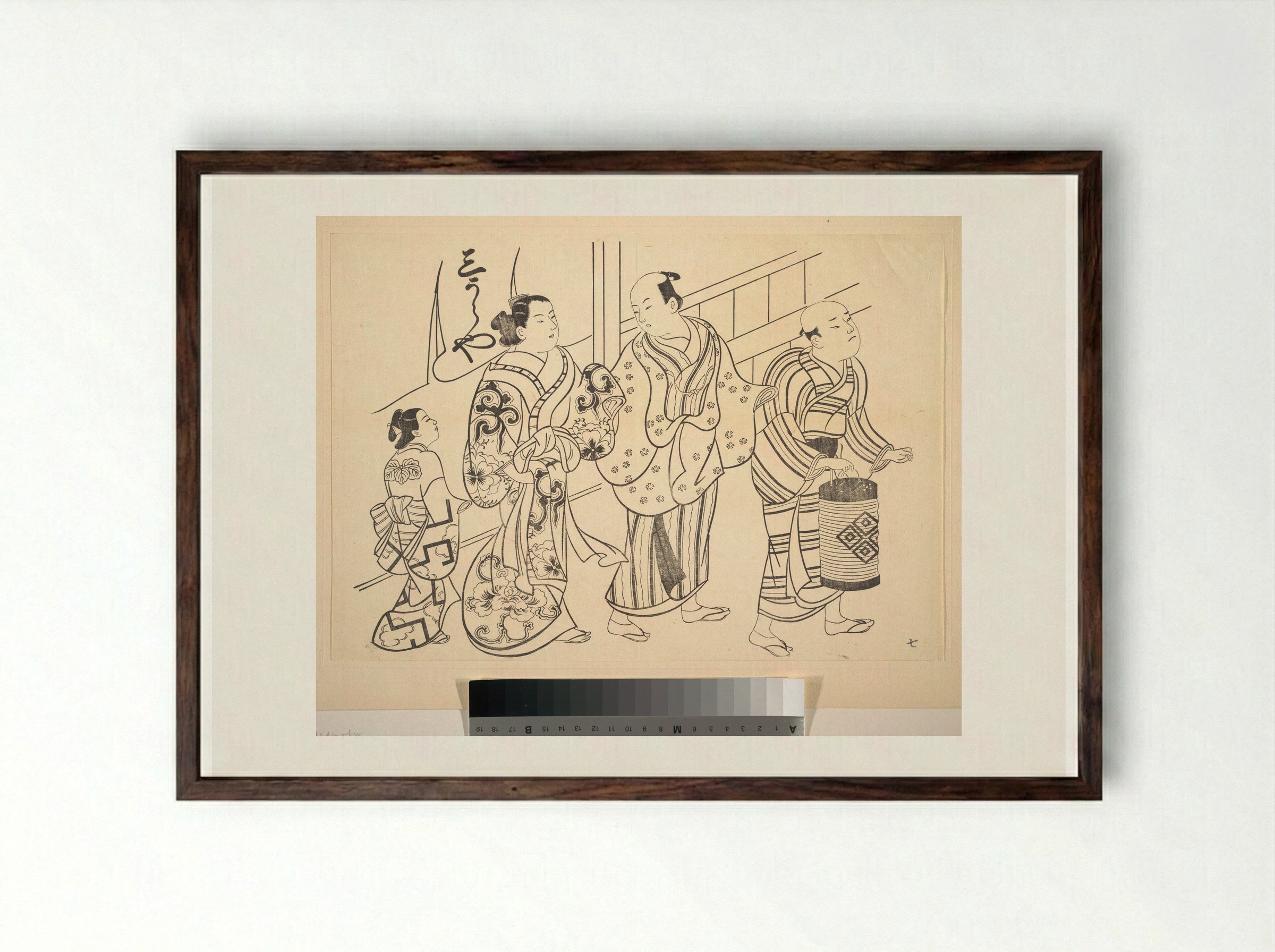 A Man Attended by a Servant Carrying a Lantern - Okumura Masanobu - Framed Print Dark Wood