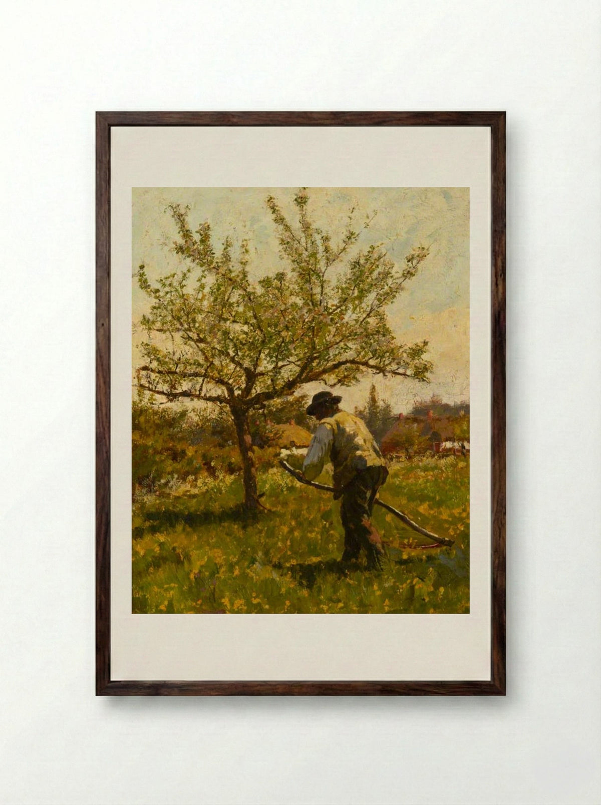 A Man Scything in an Orchard - James Charles - Framed Print Dark Wood