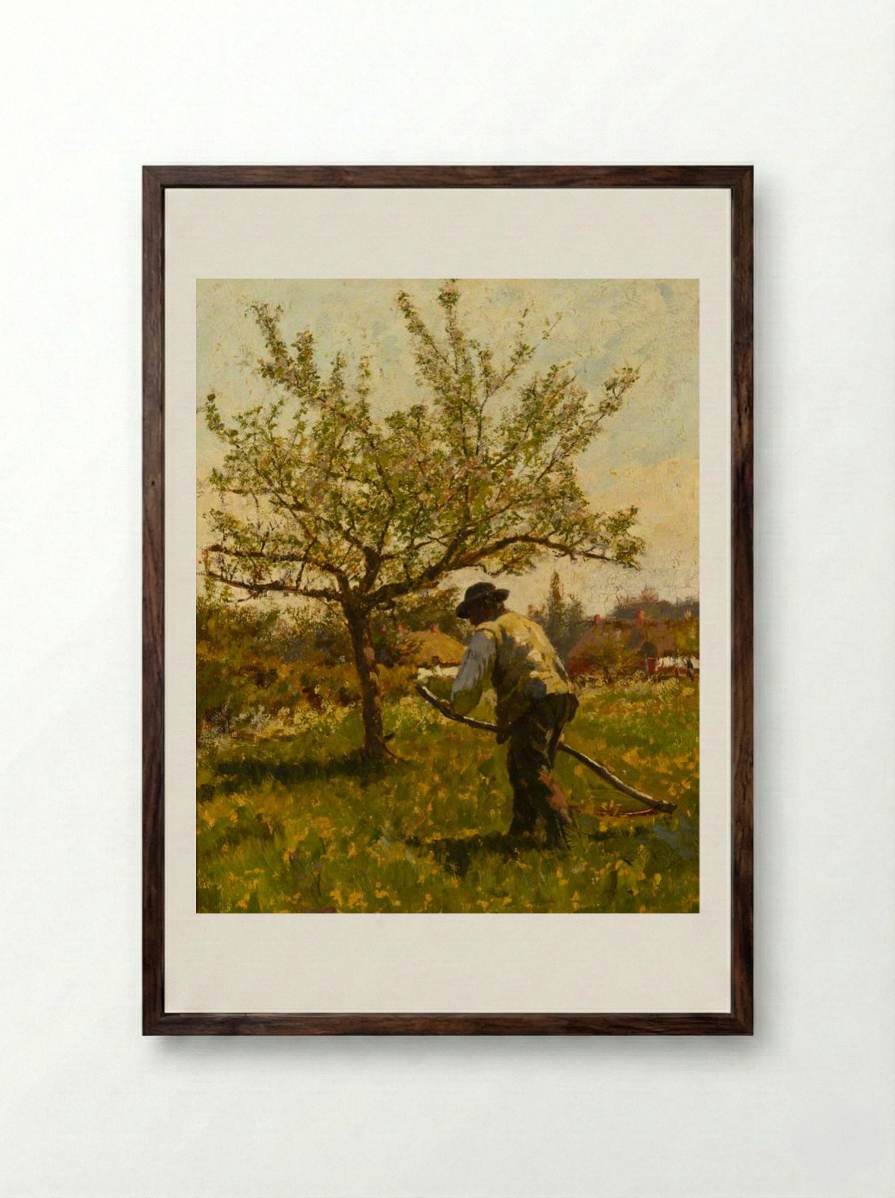 A Man Scything in an Orchard - James Charles - Framed Print Dark Wood