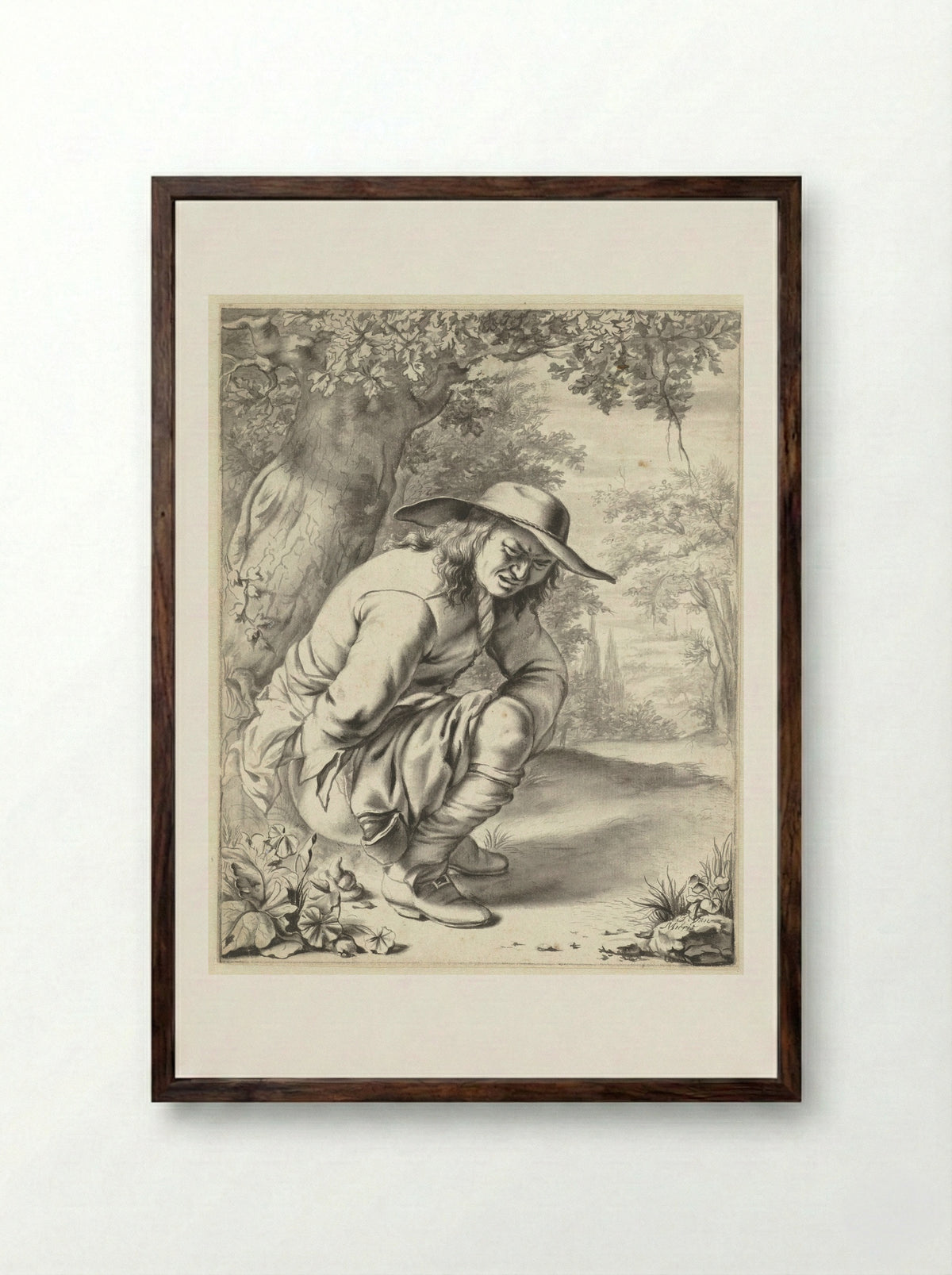 A Man Squatting by a Tree - Jan van Mieris - Framed Print Dark Wood