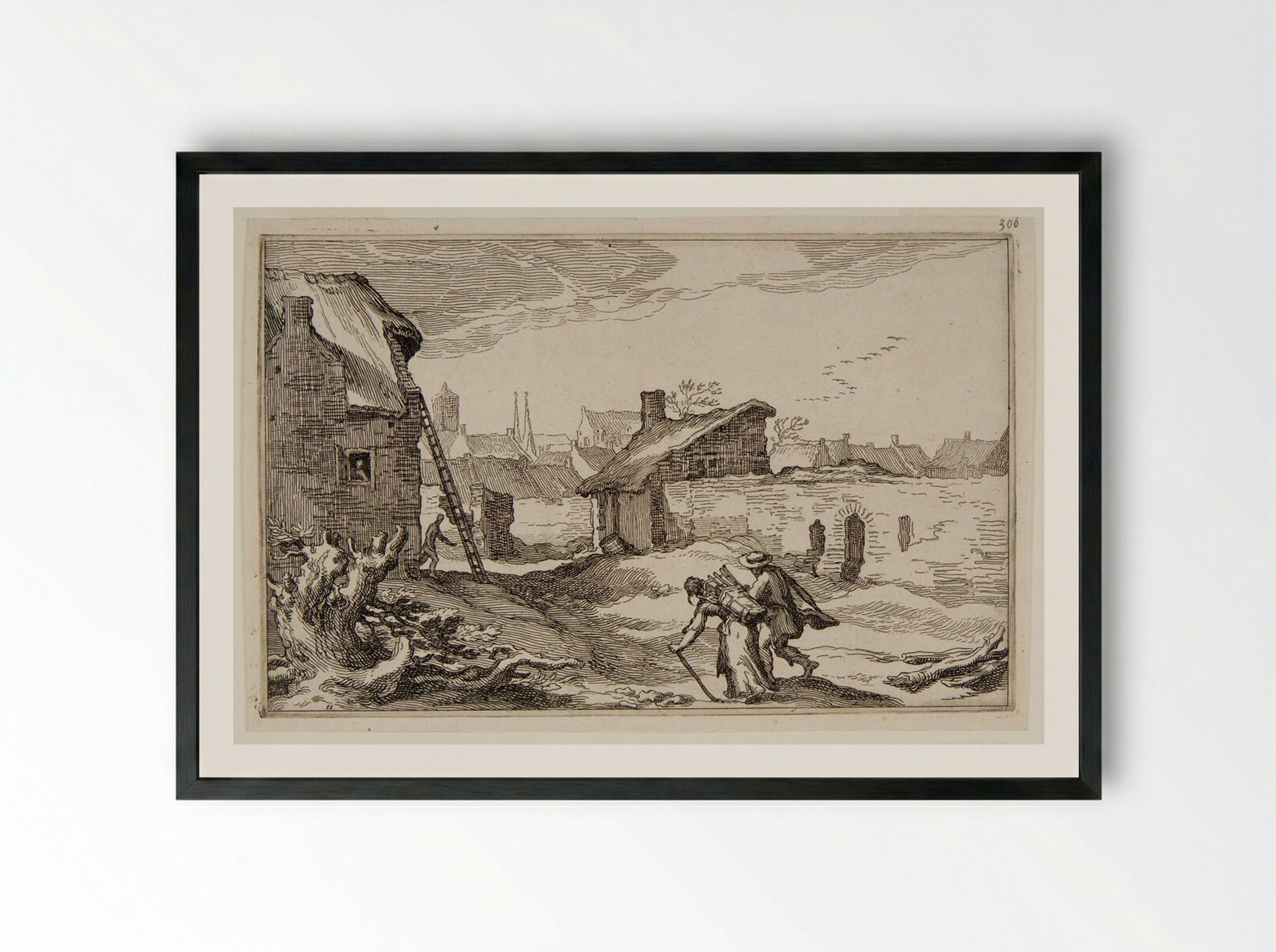 A Man and a Woman Entering a Town - Boetius Adamsz. Bolswert - Framed Print Black