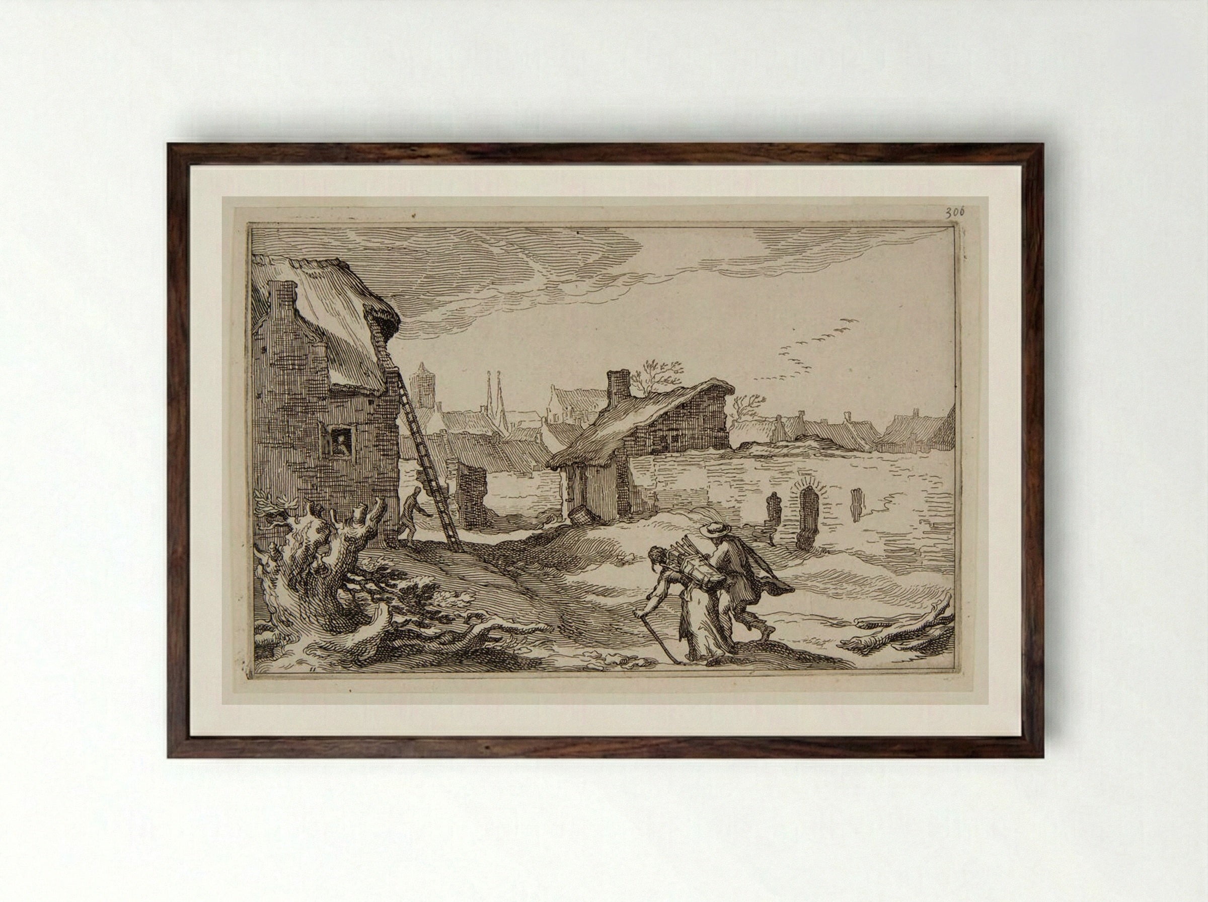 A Man and a Woman Entering a Town - Boetius Adamsz. Bolswert - Framed Print Dark Wood