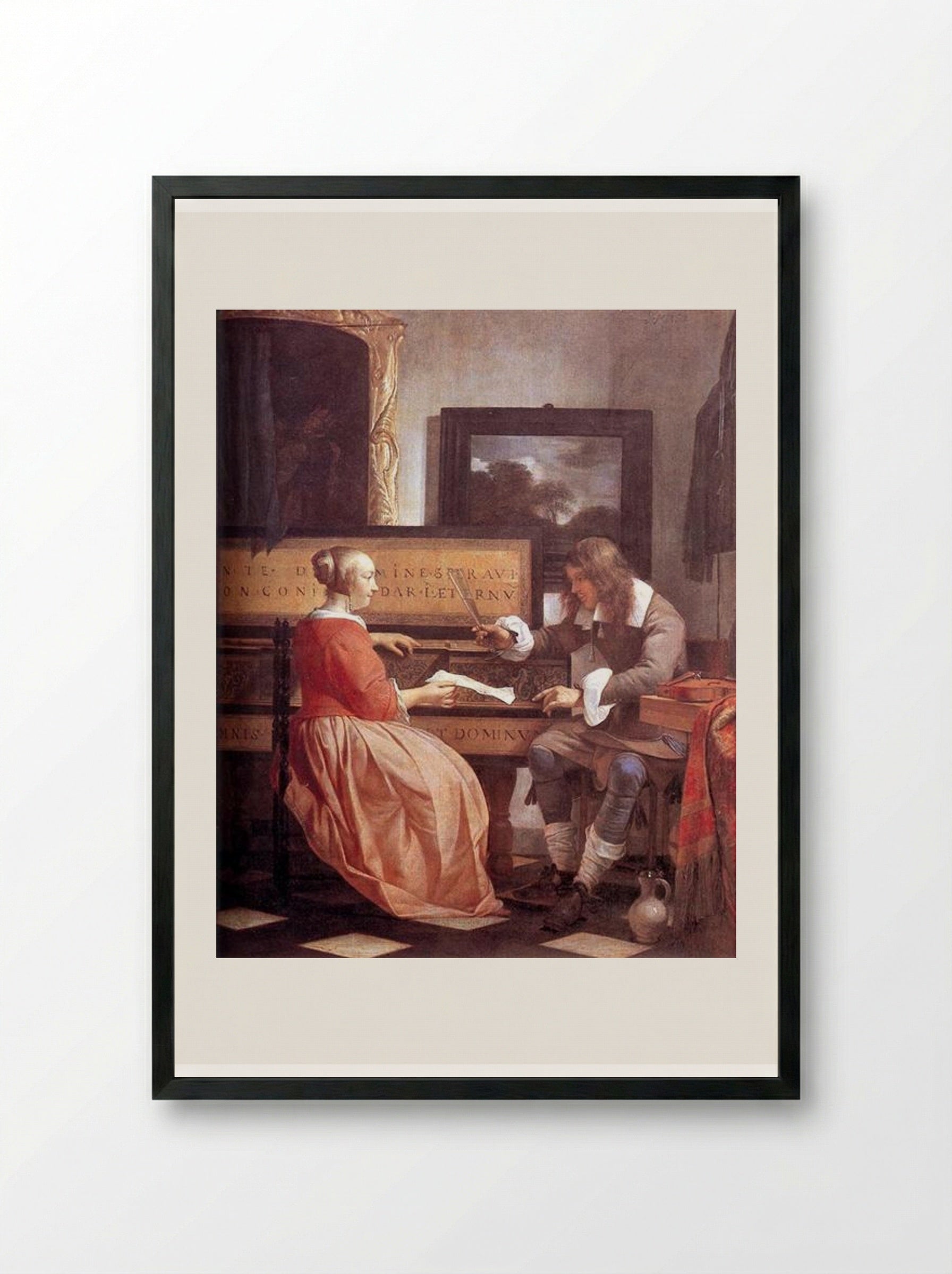 A Man and a Woman Seated by a Virginal - Gabriel Metsu - Framed Print Black