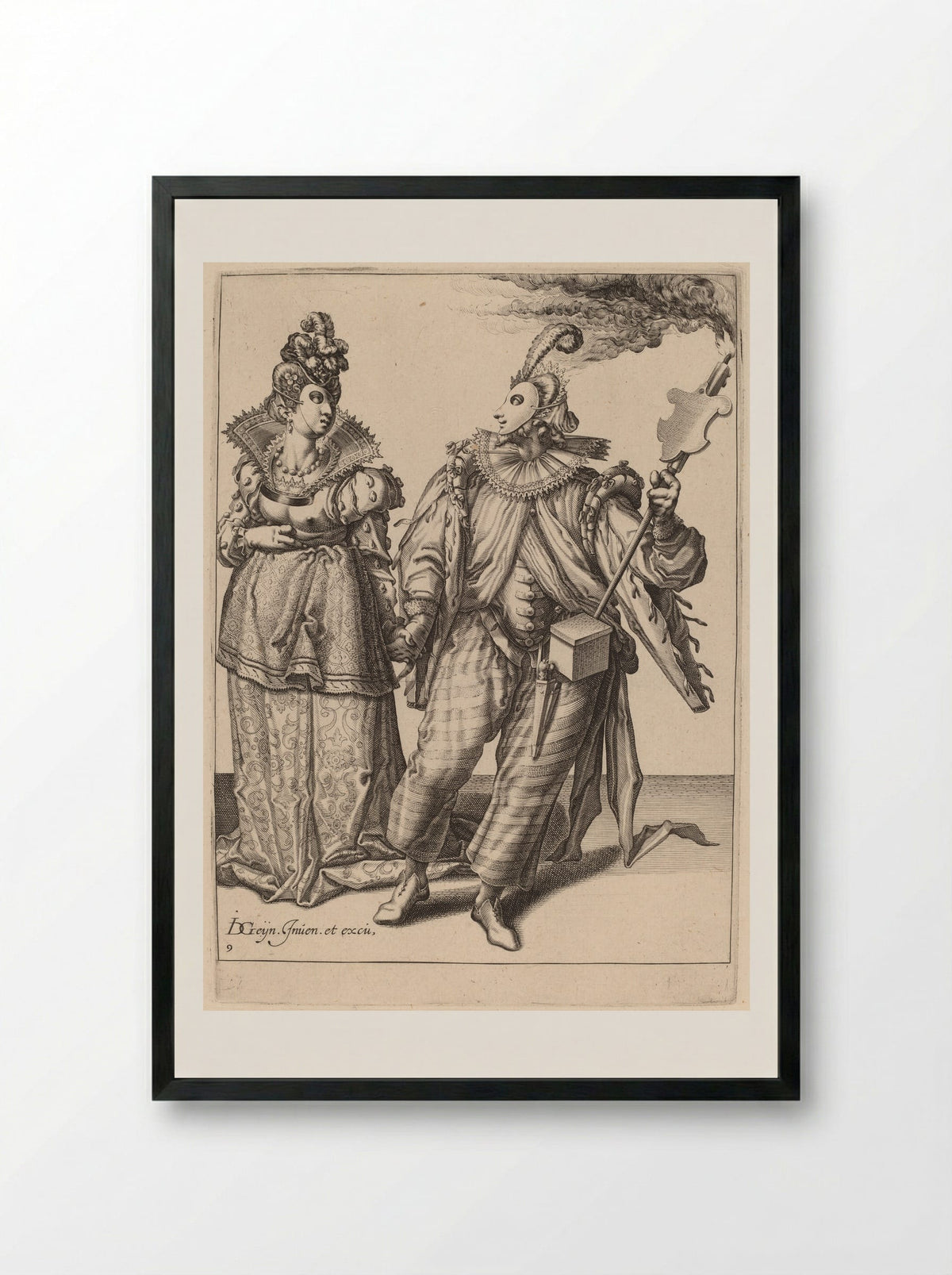 A Man with a Turban Leading a Woman Who is Wearing Peacock Feathers, Behind Them a Torch-Bearer - Zacharias Dolendo - Framed Print Black