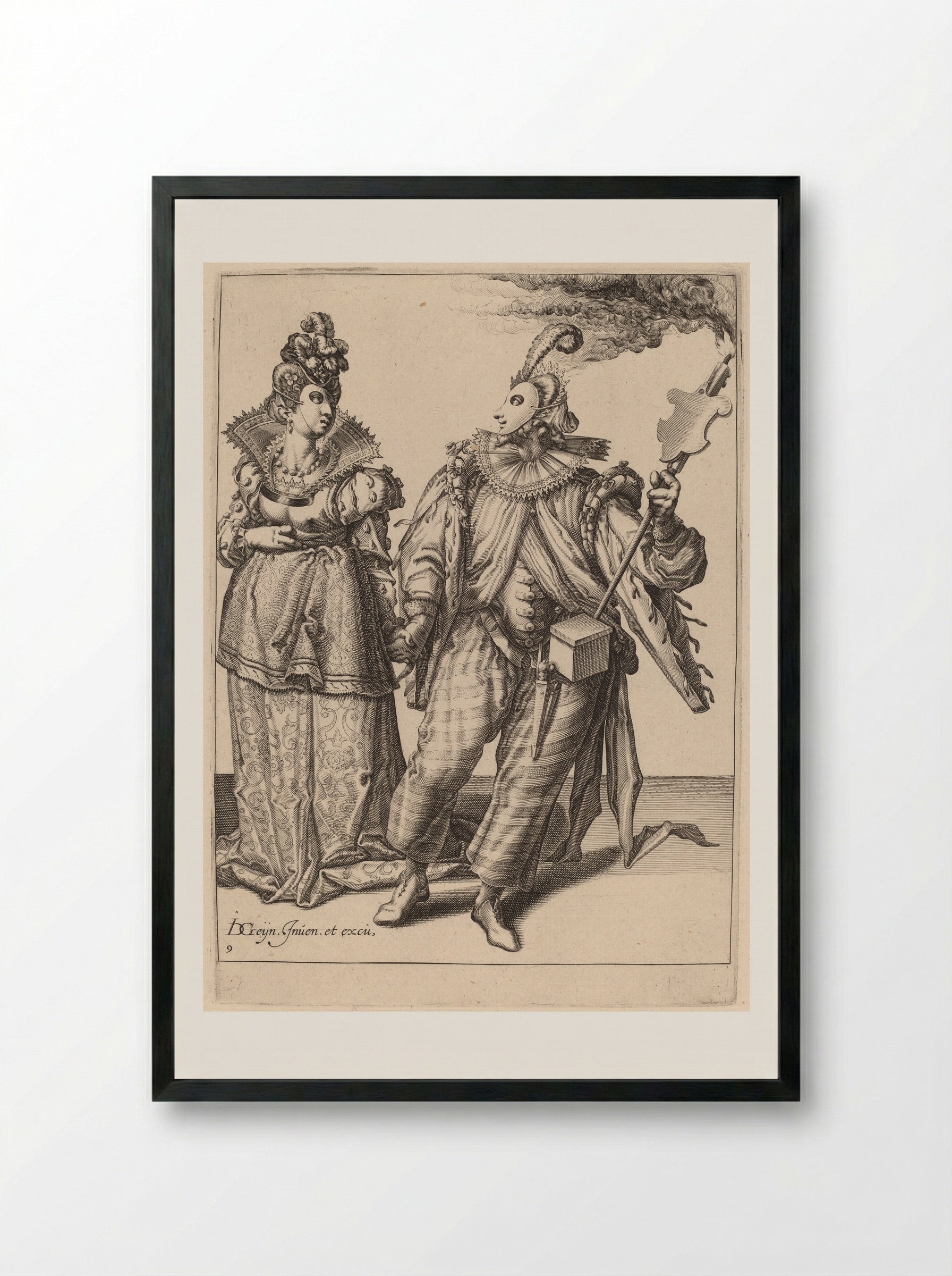 A Man with a Turban Leading a Woman Who is Wearing Peacock Feathers, Behind Them a Torch-Bearer - Zacharias Dolendo - Framed Print Black