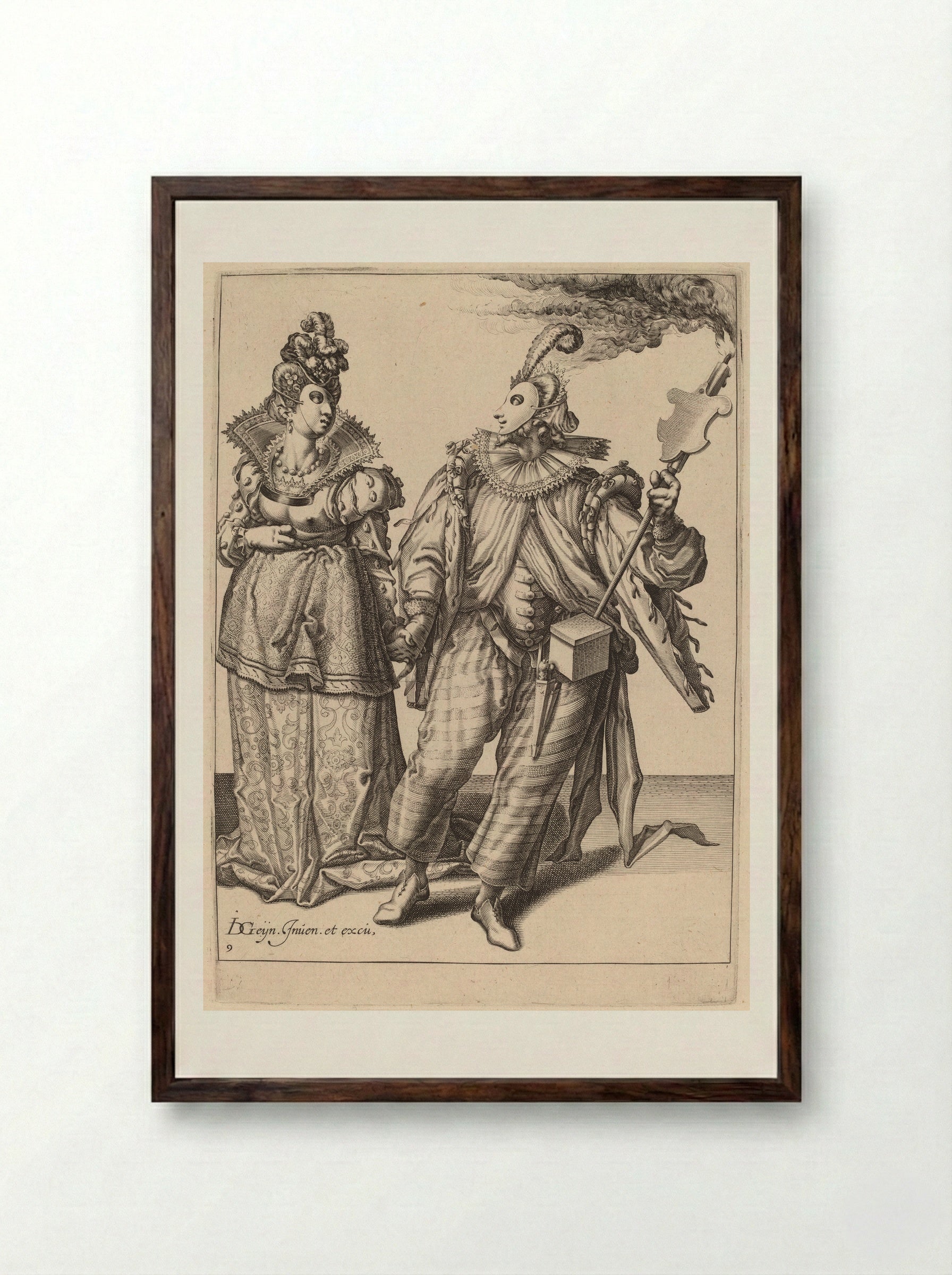 A Man with a Turban Leading a Woman Who is Wearing Peacock Feathers, Behind Them a Torch-Bearer - Zacharias Dolendo - Framed Print Dark Wood
