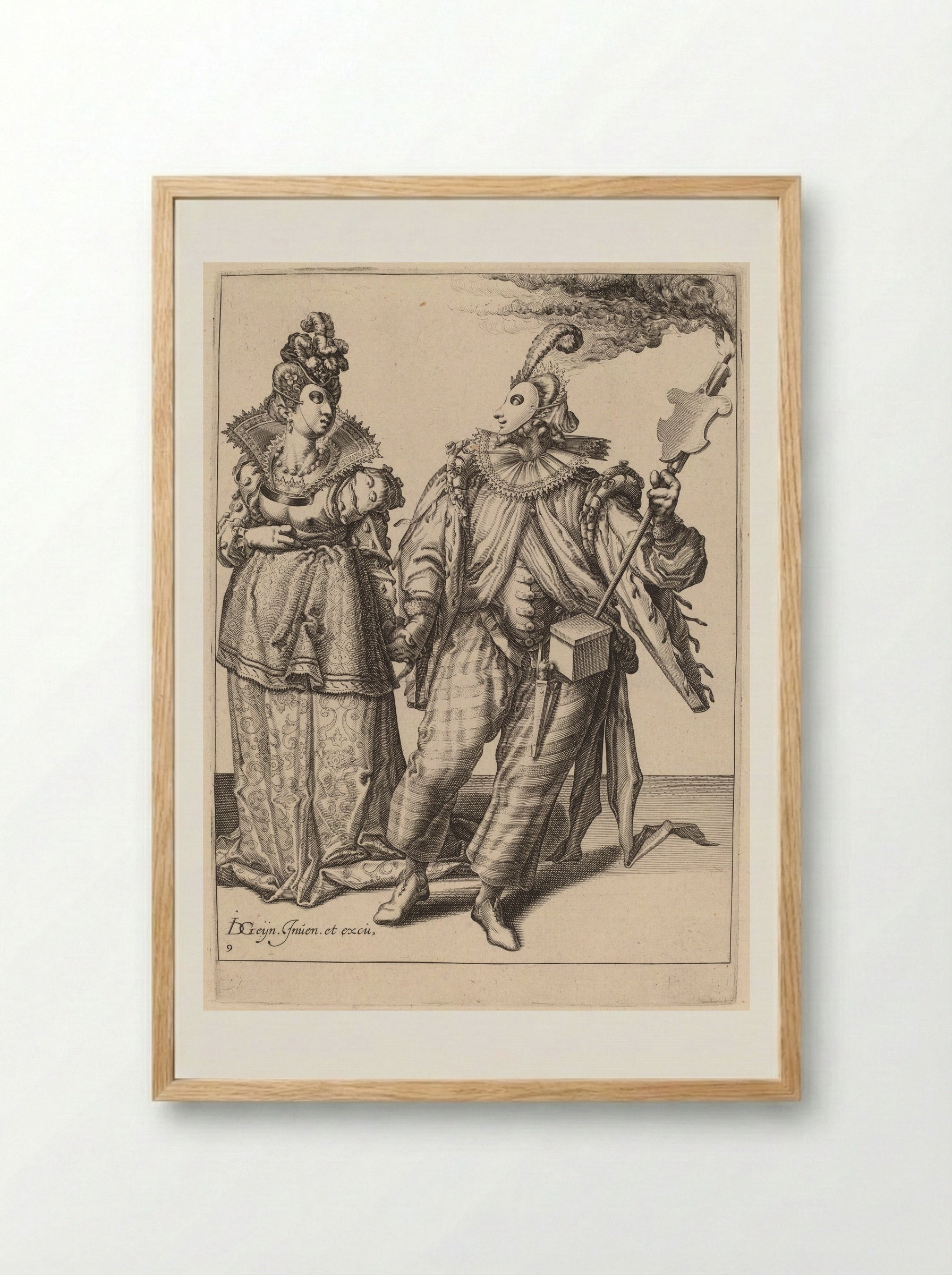 A Man with a Turban Leading a Woman Who is Wearing Peacock Feathers, Behind Them a Torch-Bearer - Zacharias Dolendo - Framed Print Wood