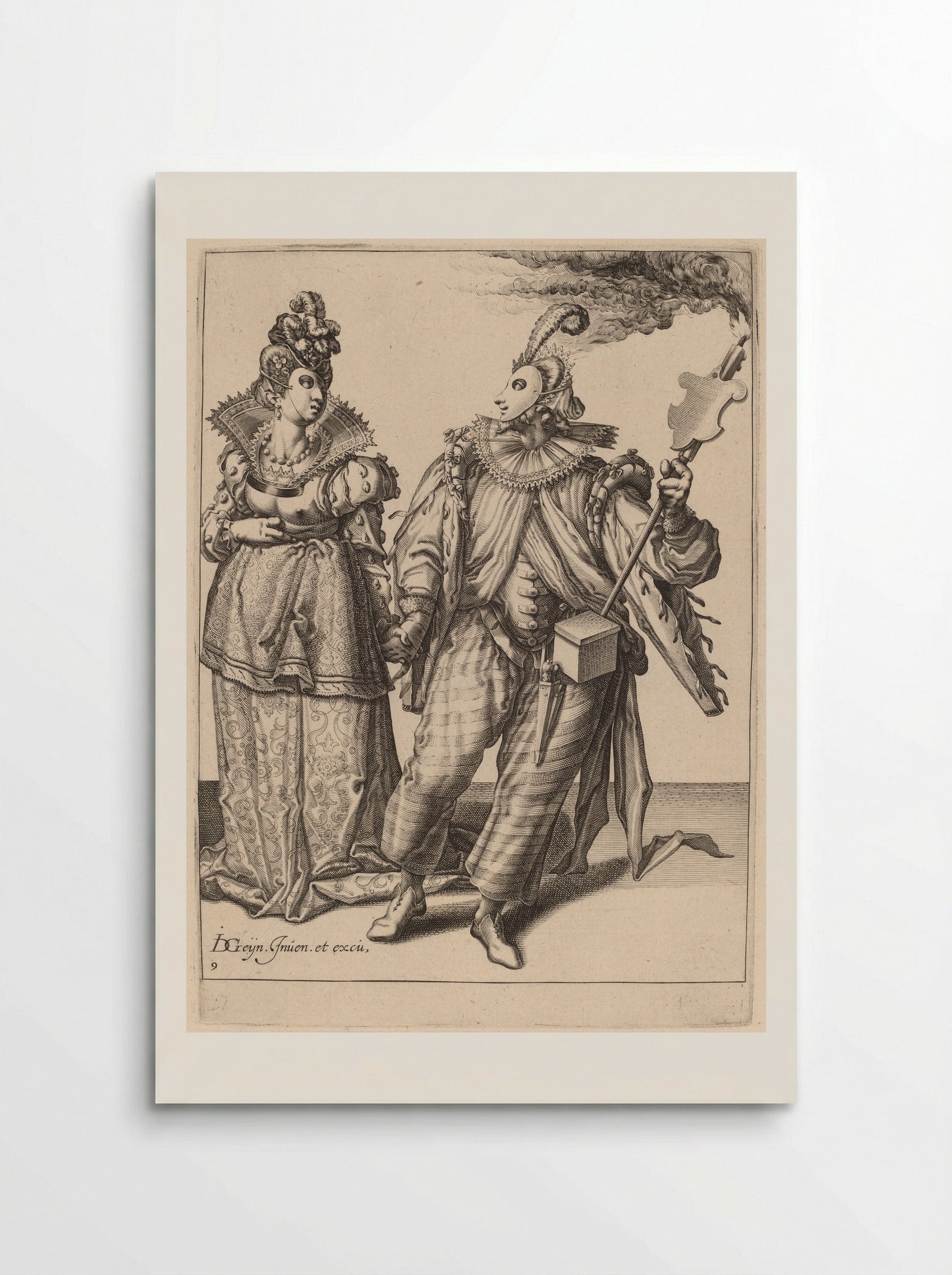 A Man with a Turban Leading a Woman Who is Wearing Peacock Feathers, Behind Them a Torch-Bearer - Zacharias Dolendo - Poster