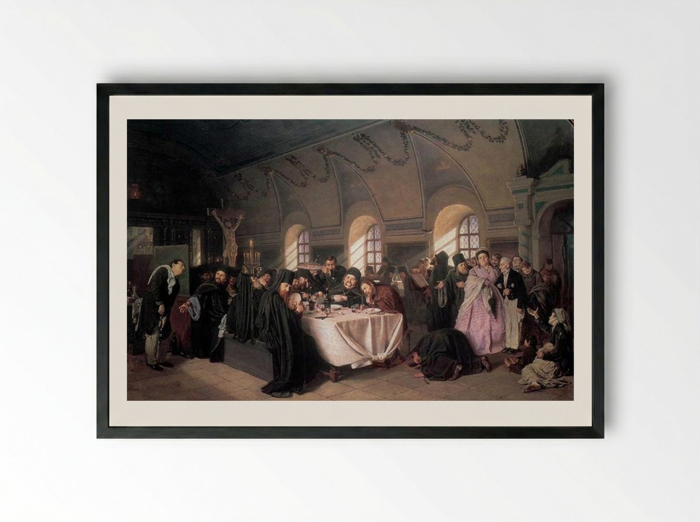 A Meal in the Monastery - Vasily Perov - Framed Print Black