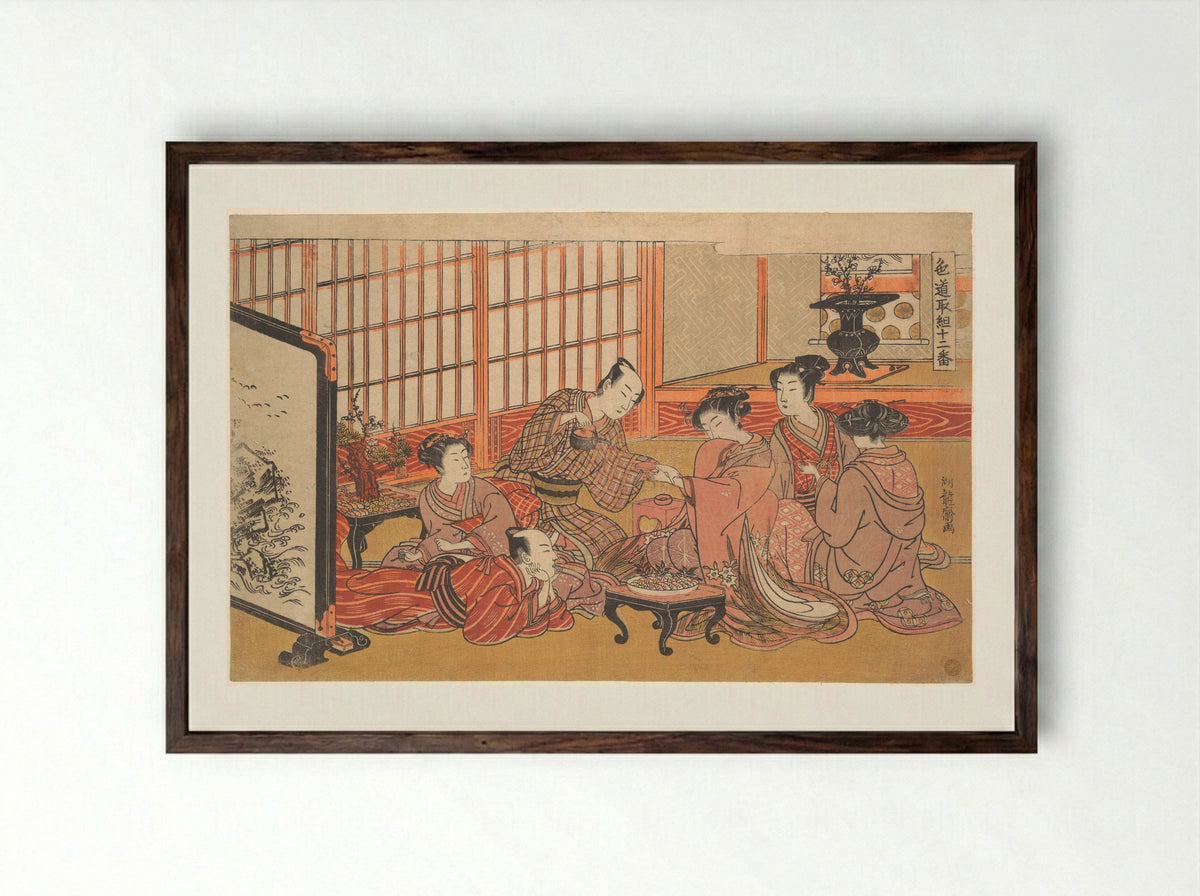 A Mock Marriage Ceremony - Isoda Koryūsai - Framed Print Dark Wood