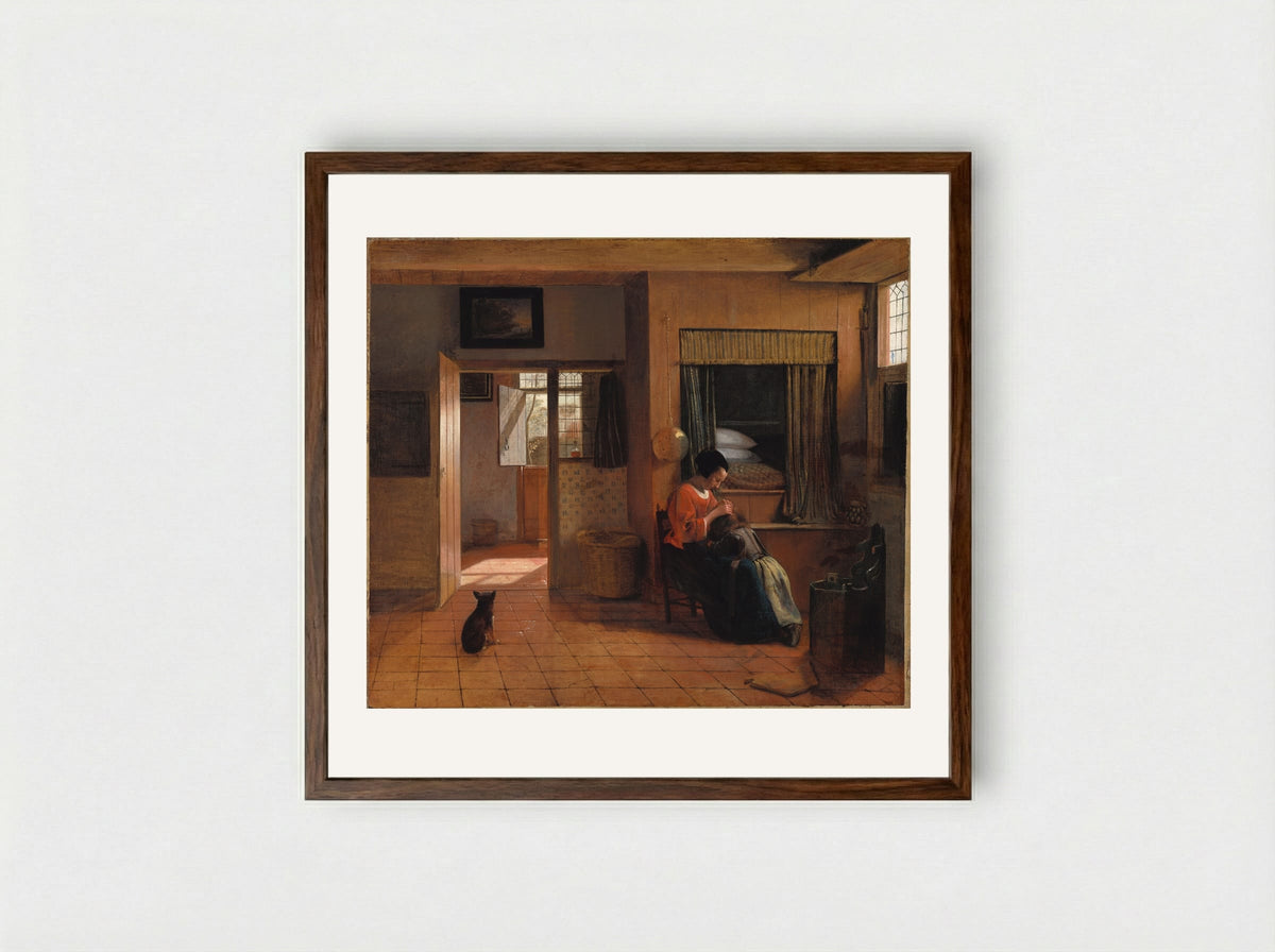 A Mother Delousing Her Child's Hair - Pieter de Hooch - Framed Print Dark Wood