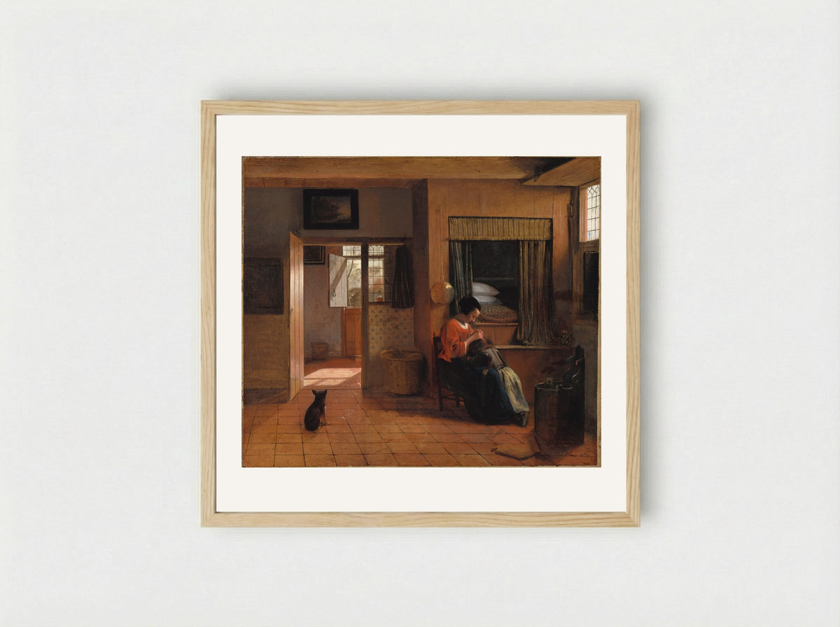 A Mother Delousing Her Child's Hair - Pieter de Hooch - Framed Print Wood