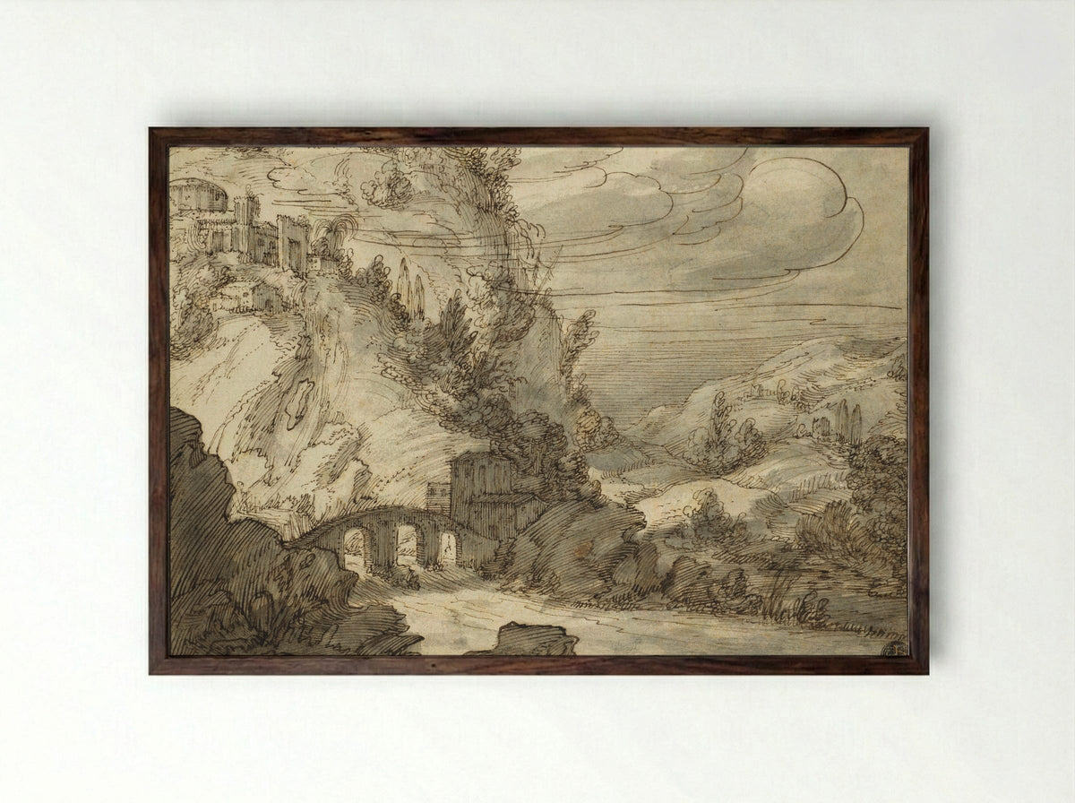A Mountainous Landscape with an Arched Bridge over a River - Jan Symonsz. Pynas - Framed Print Dark Wood