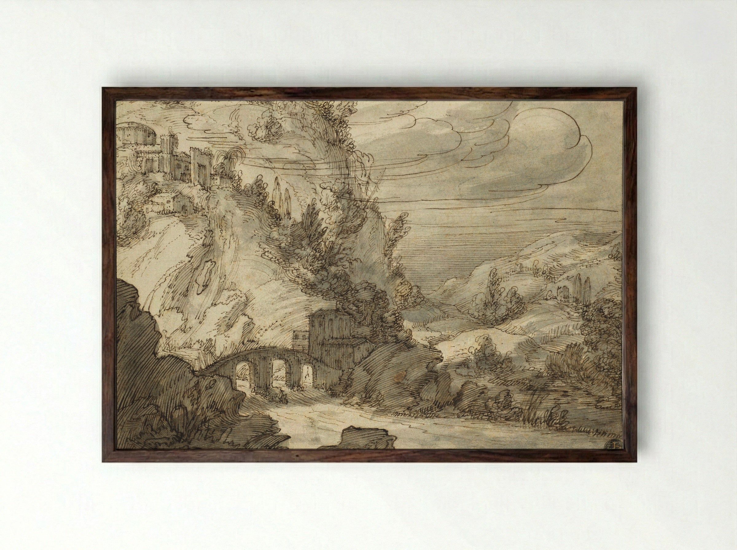 A Mountainous Landscape with an Arched Bridge over a River - Jan Symonsz. Pynas - Framed Print Dark Wood
