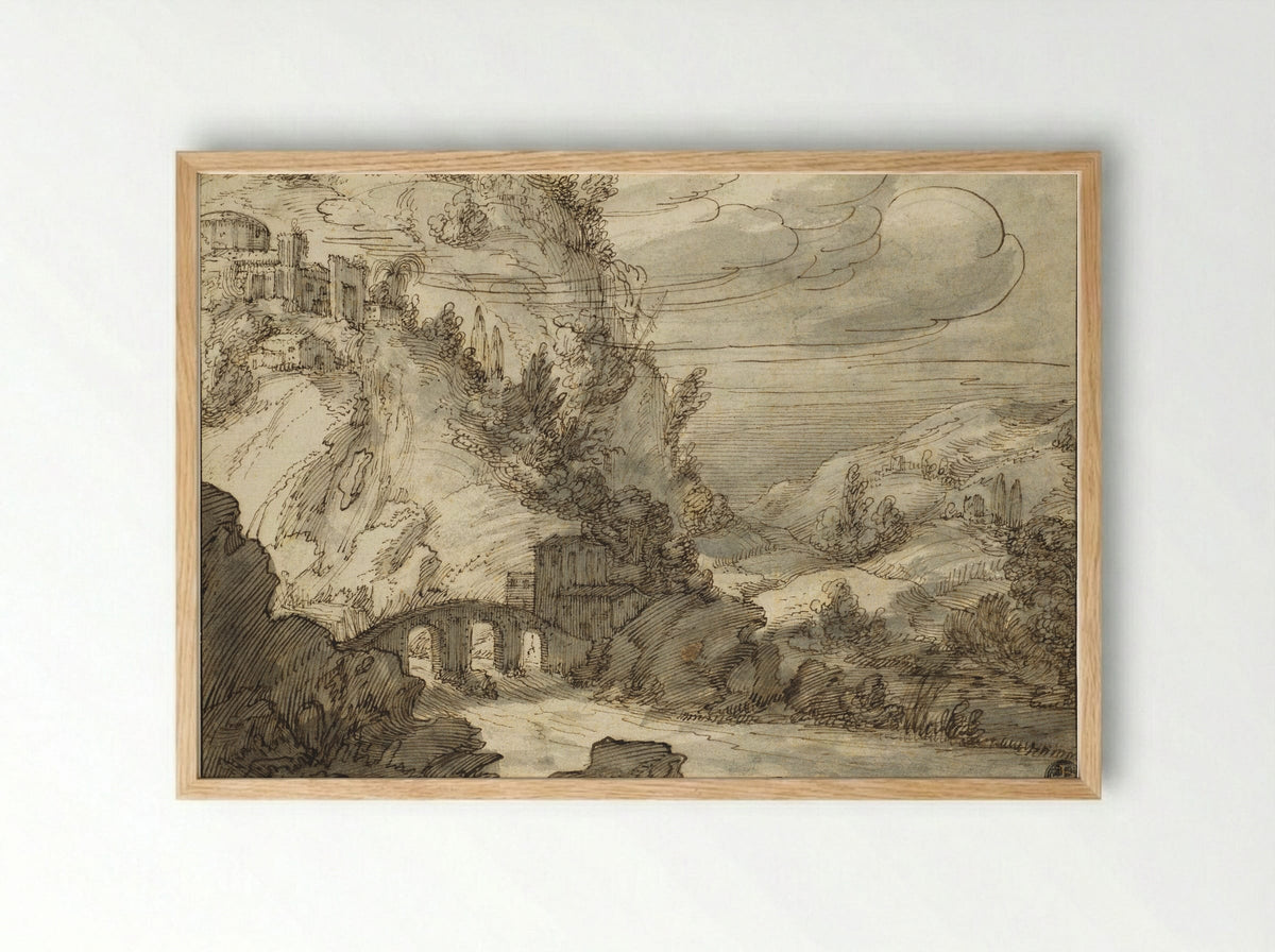 A Mountainous Landscape with an Arched Bridge over a River - Jan Symonsz. Pynas - Framed Print Wood