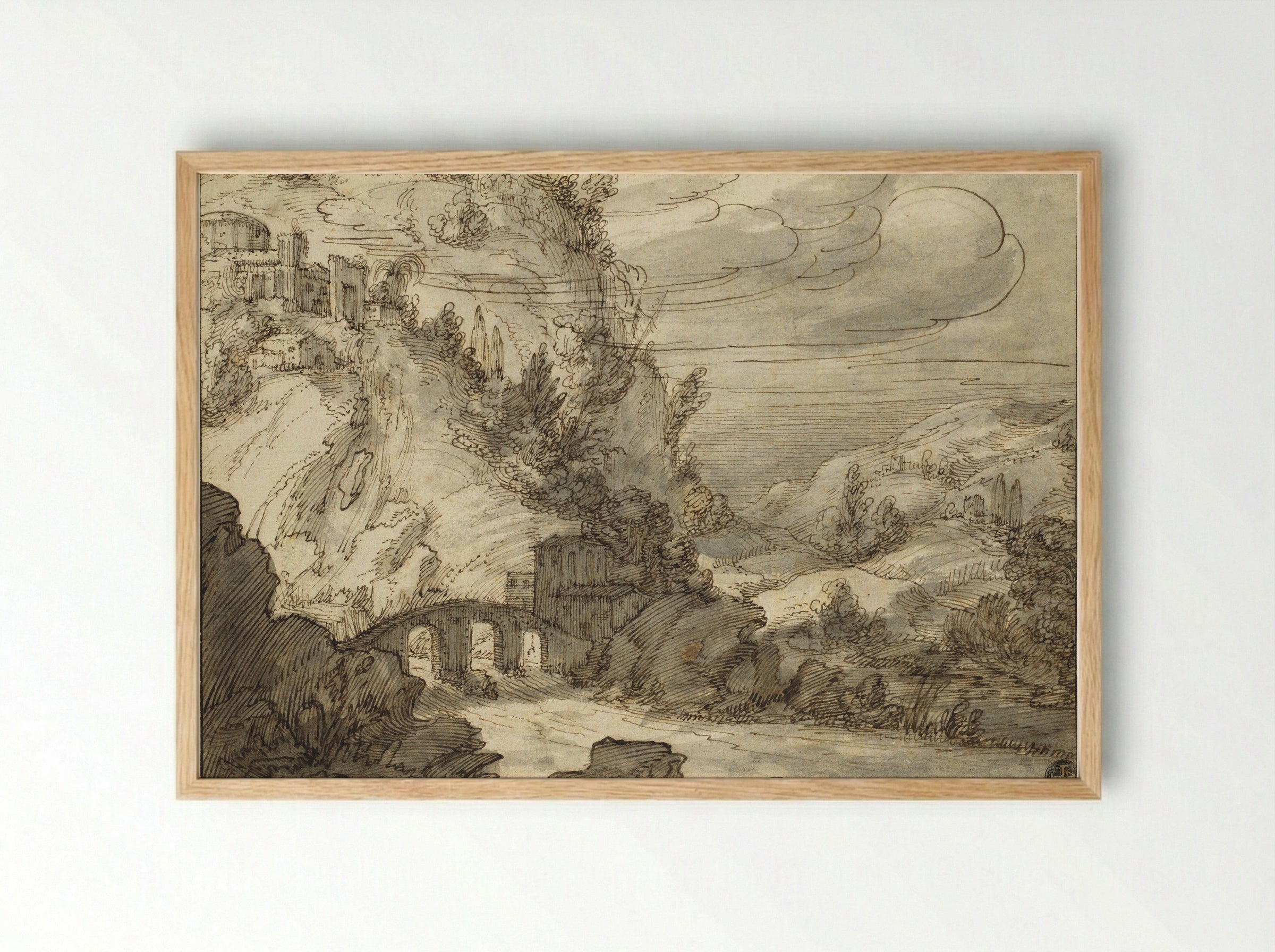 A Mountainous Landscape with an Arched Bridge over a River - Jan Symonsz. Pynas - Framed Print Wood
