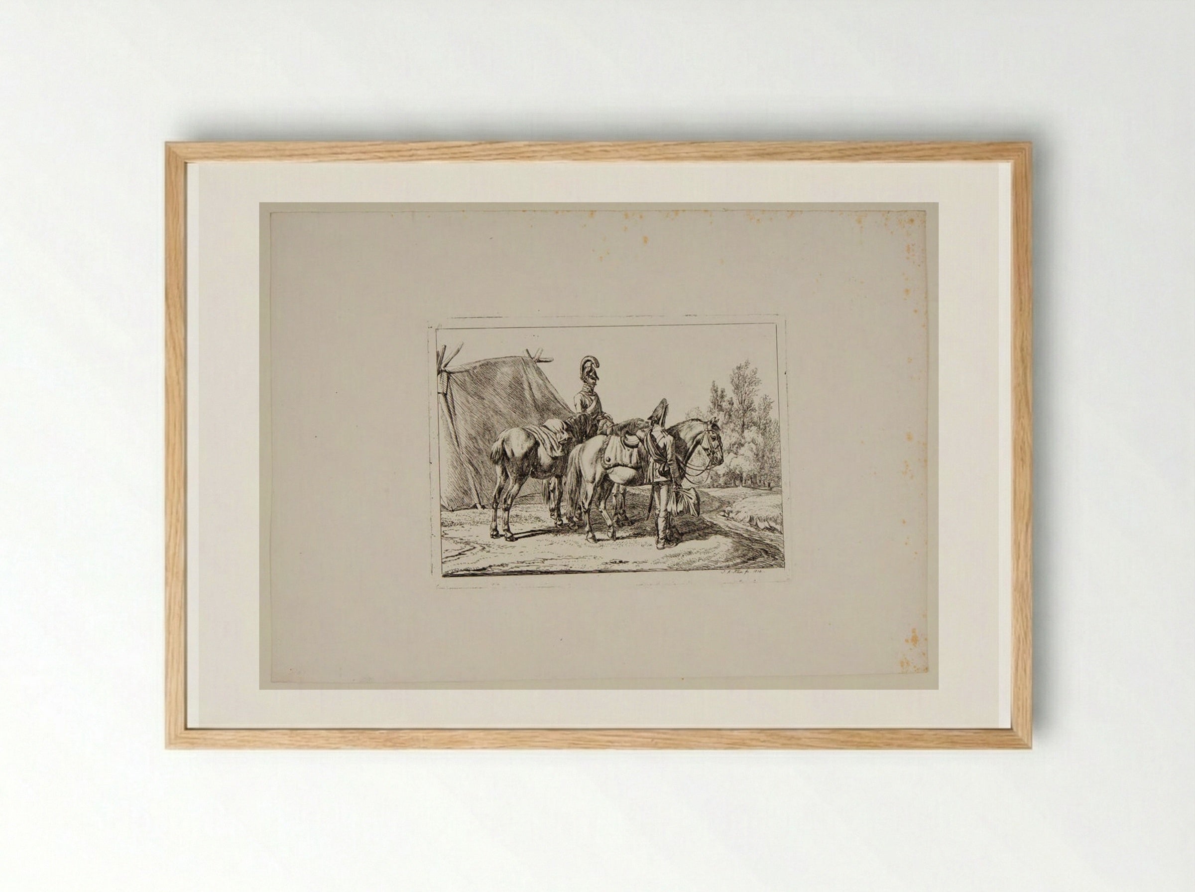 A Mounted Soldier Talking to an Unmounted Soldier - Johann Adam Klein - Framed Print Wood