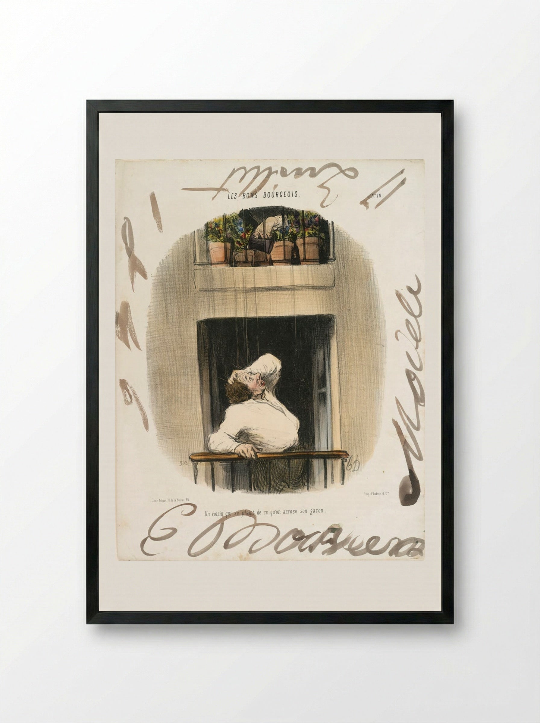 A Neighbor Who Complains about Someone Who Waters His Turf - Honoré-Victorin Daumier - Framed Print Black