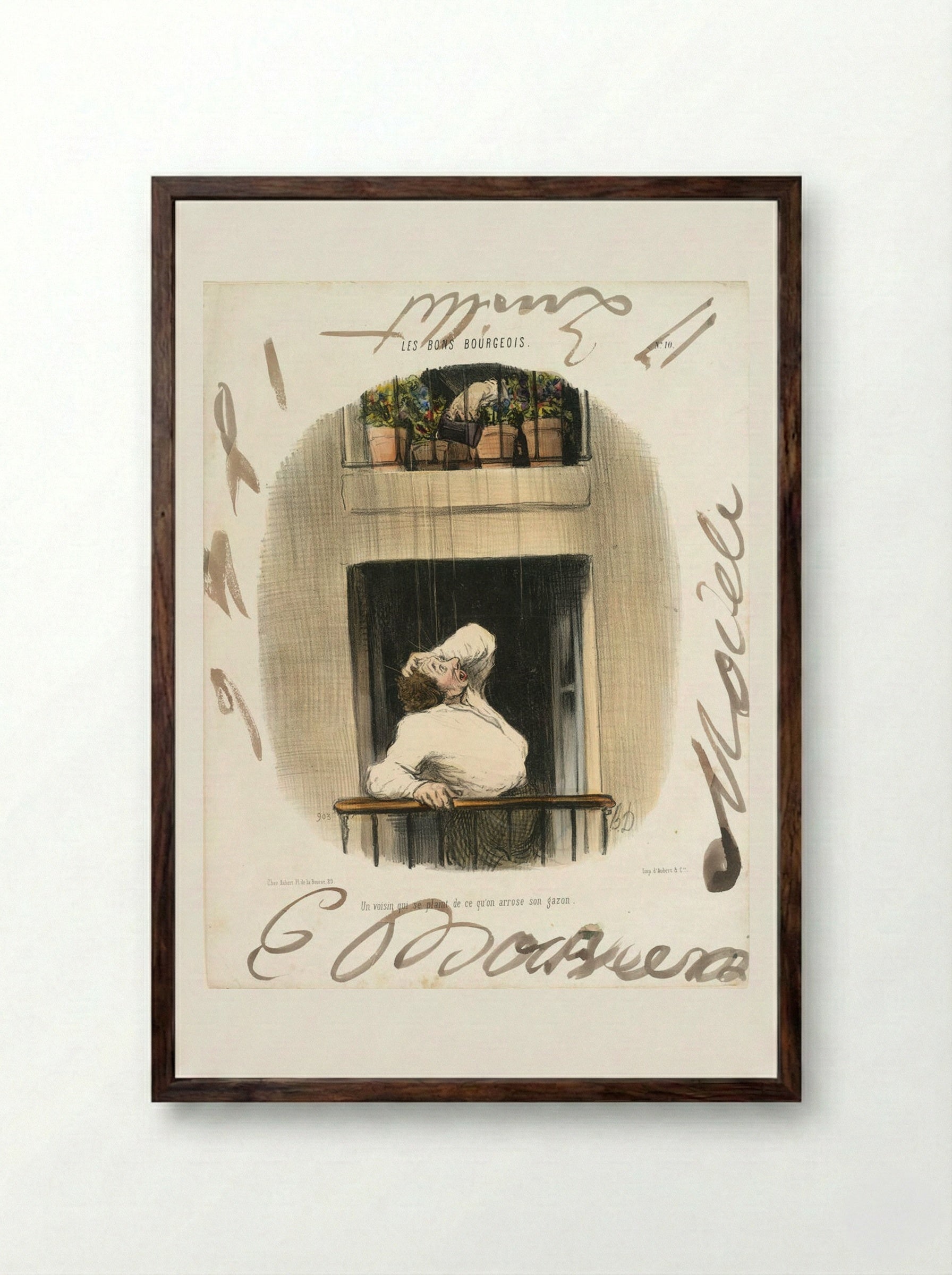 A Neighbor Who Complains about Someone Who Waters His Turf - Honoré-Victorin Daumier - Framed Print Dark Wood