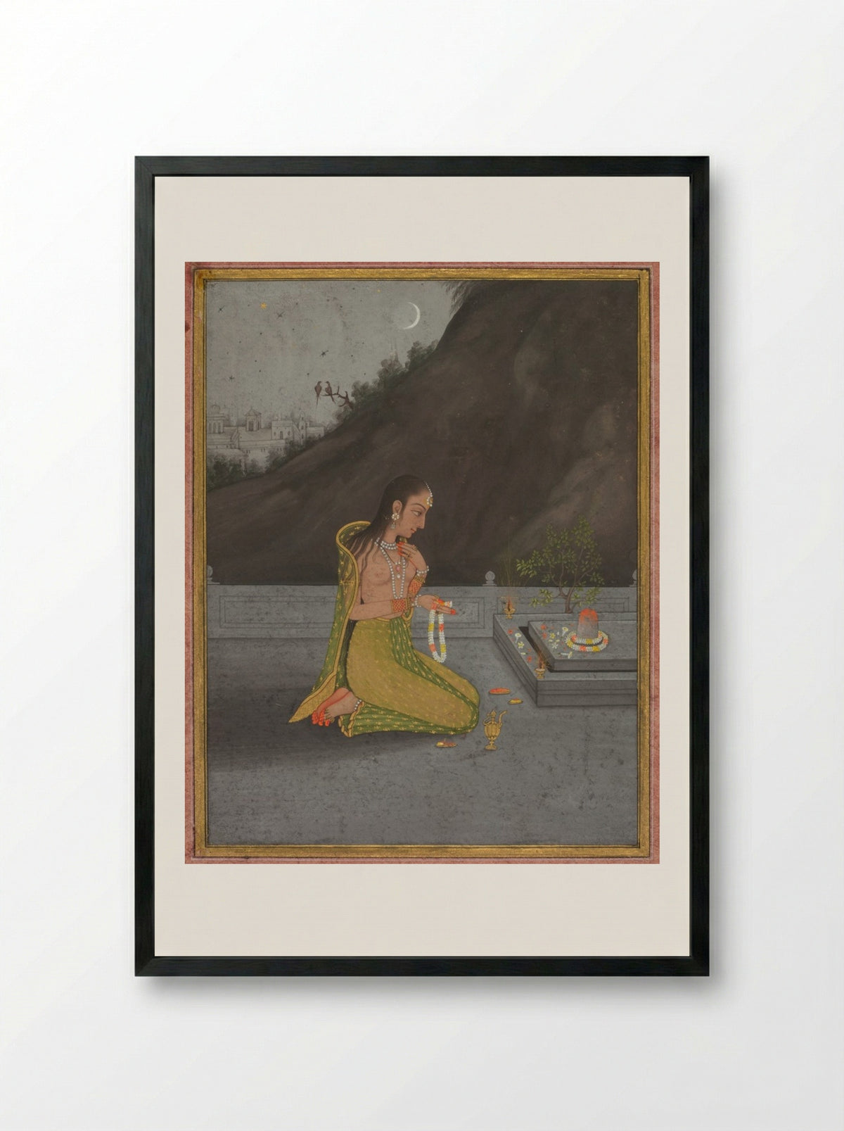 A Night Scene of Shiva Puja - Muhammad Rizavi Hindi - Framed Print Black
