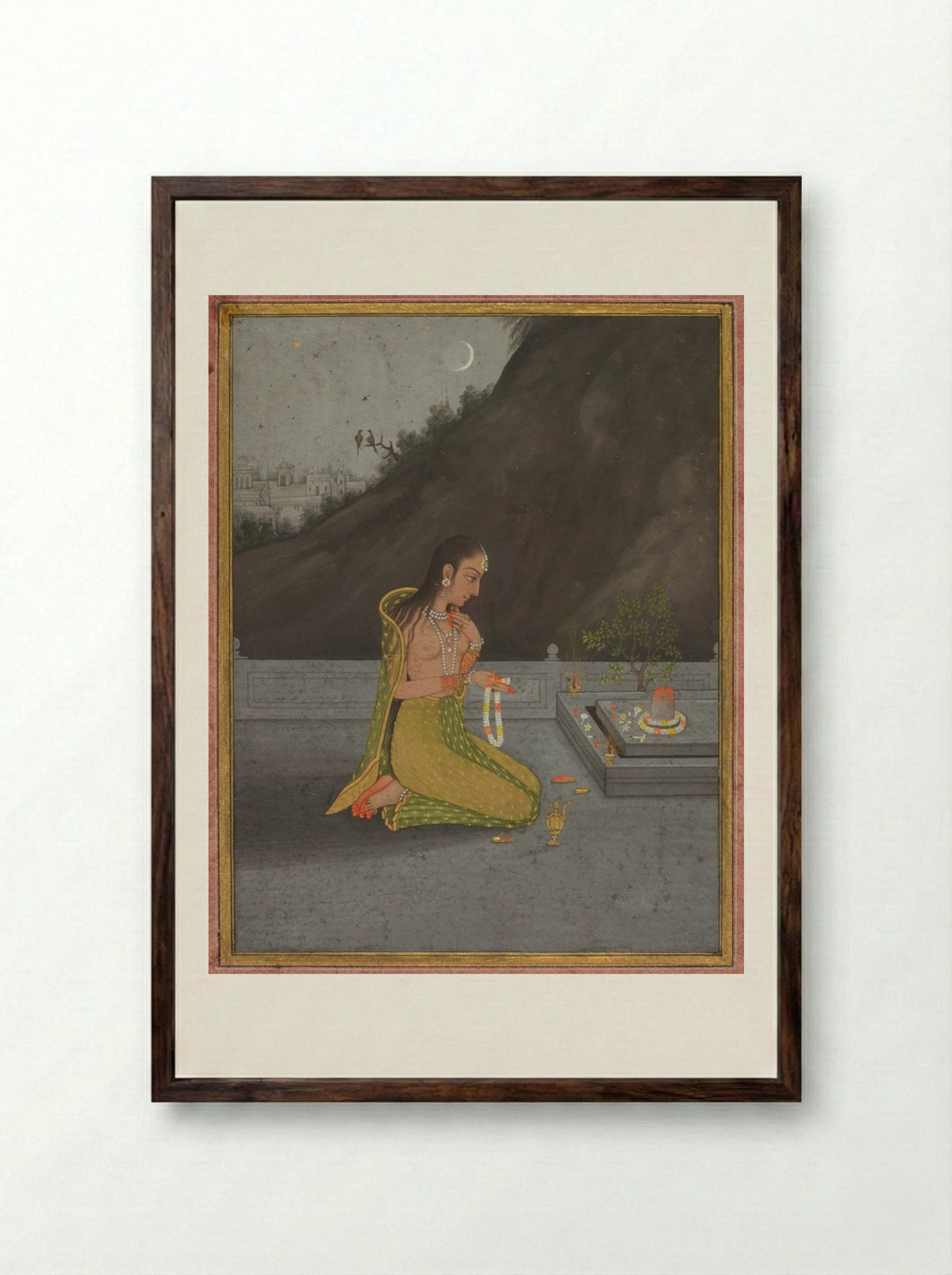 A Night Scene of Shiva Puja - Muhammad Rizavi Hindi - Framed Print Dark Wood