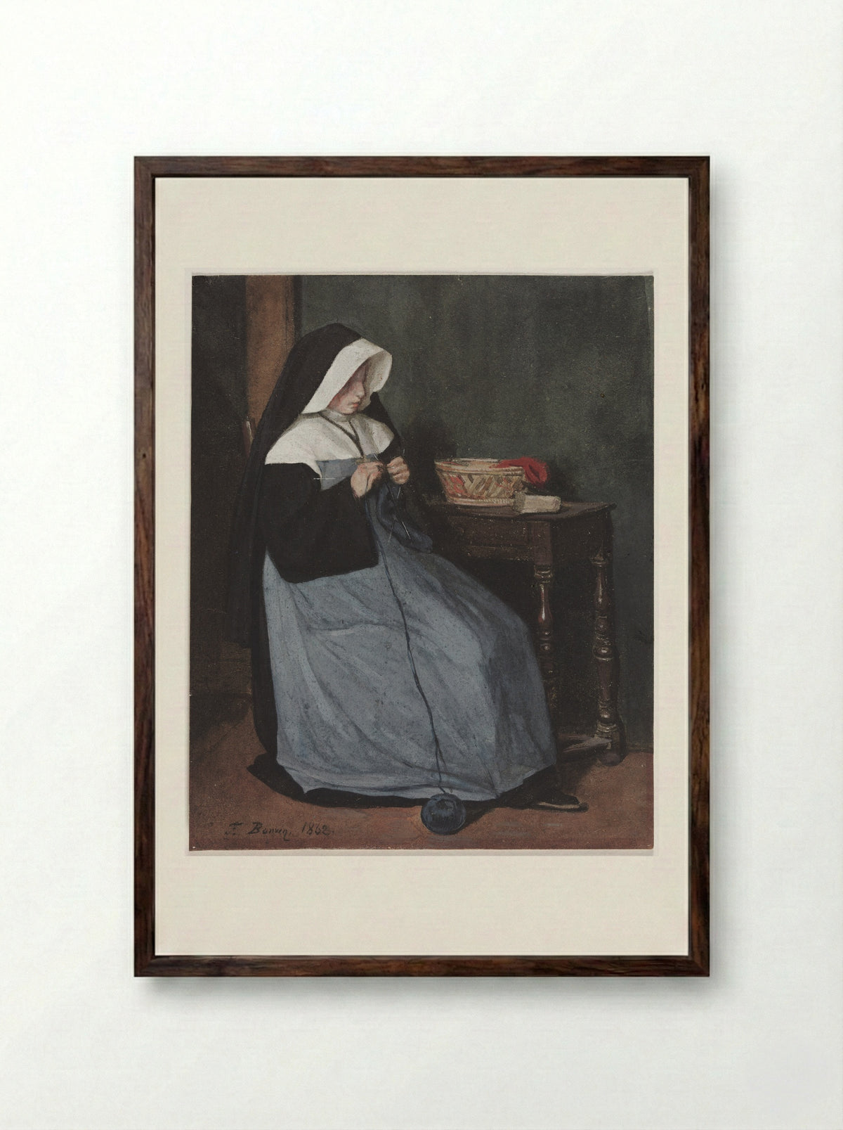 A Nun Seated at a Table Knitting - François Bonvin - Framed Print Dark Wood