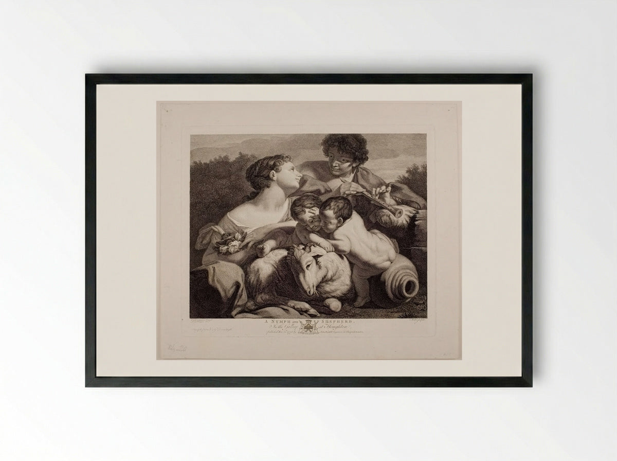 A Nymph and Shepherd - Jean Baptiste Michel - Framed Print Black