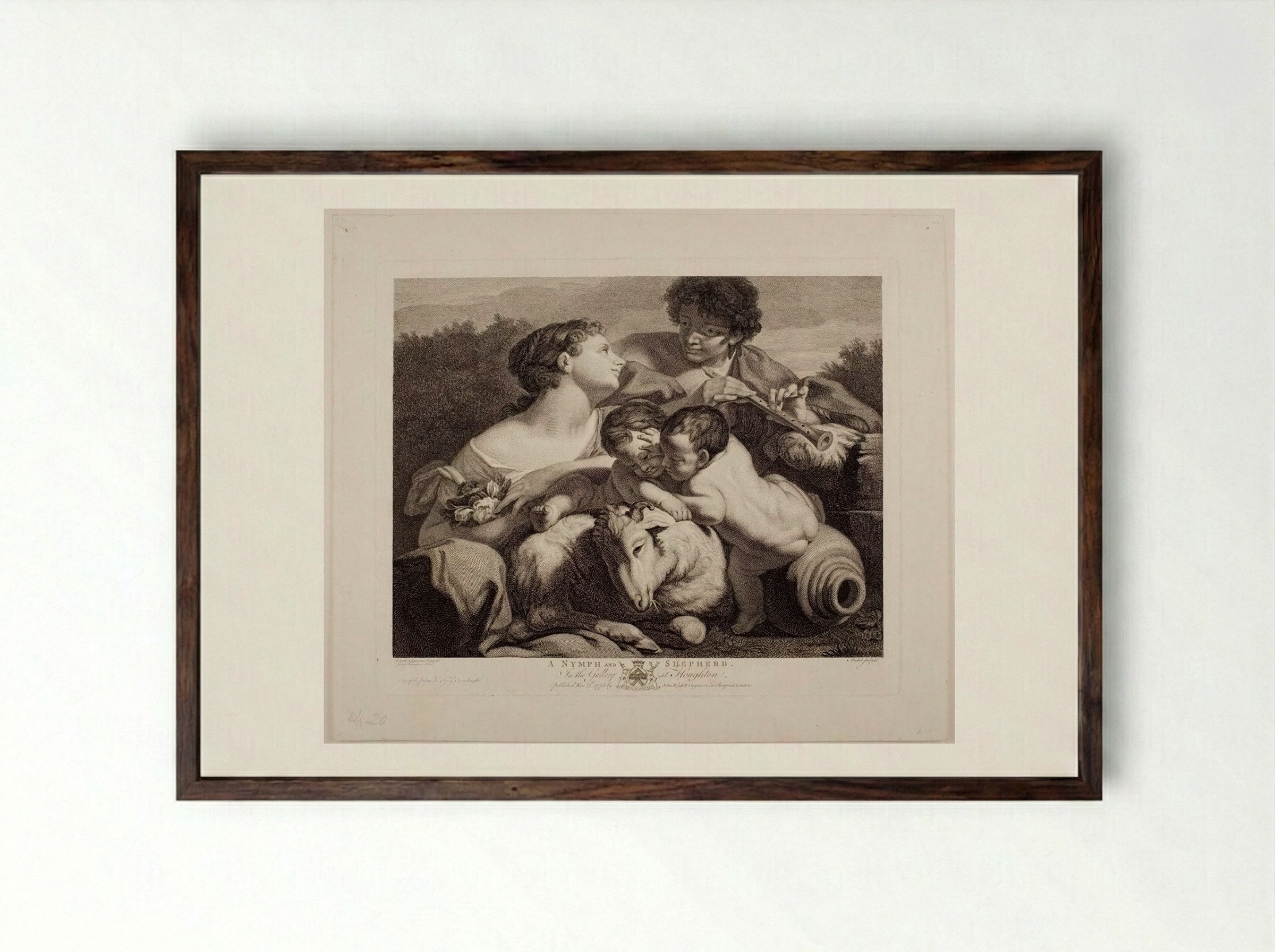 A Nymph and Shepherd - Jean Baptiste Michel - Framed Print Dark Wood