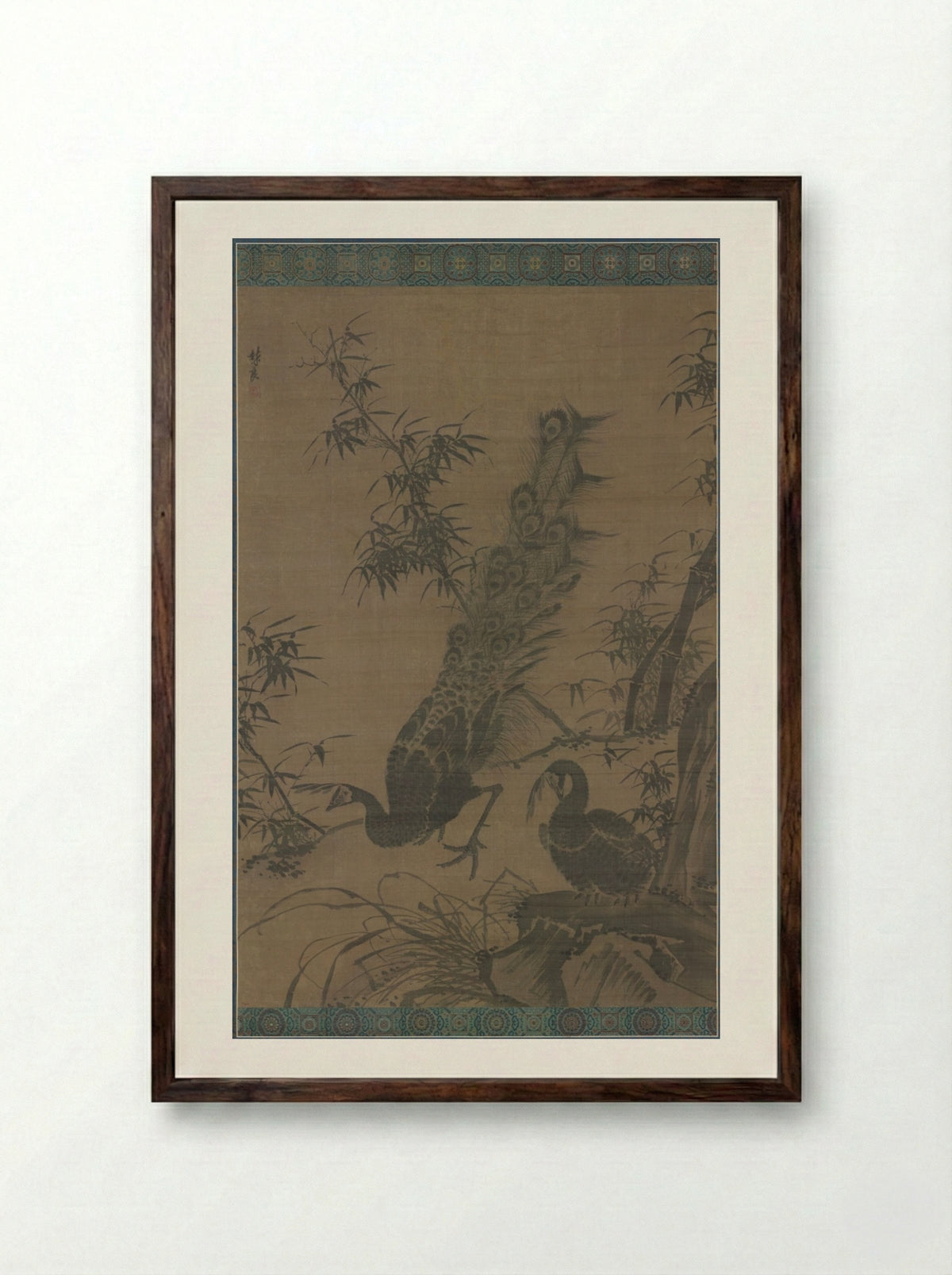 A Pair of Peafowl - Lin Liang - Framed Print Dark Wood