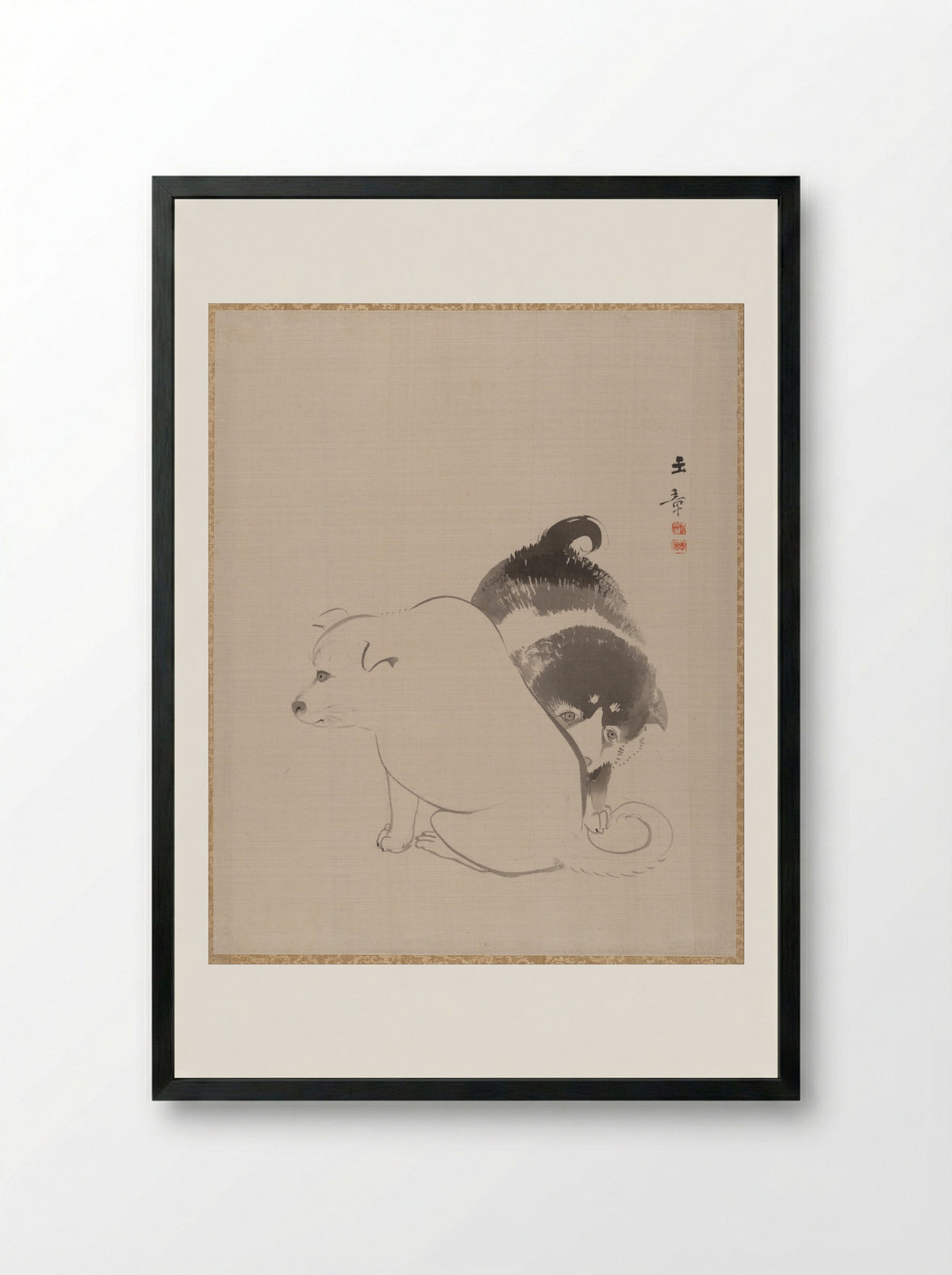 A Pair of Puppies - Kawabata Gyokushō - Framed Print Black