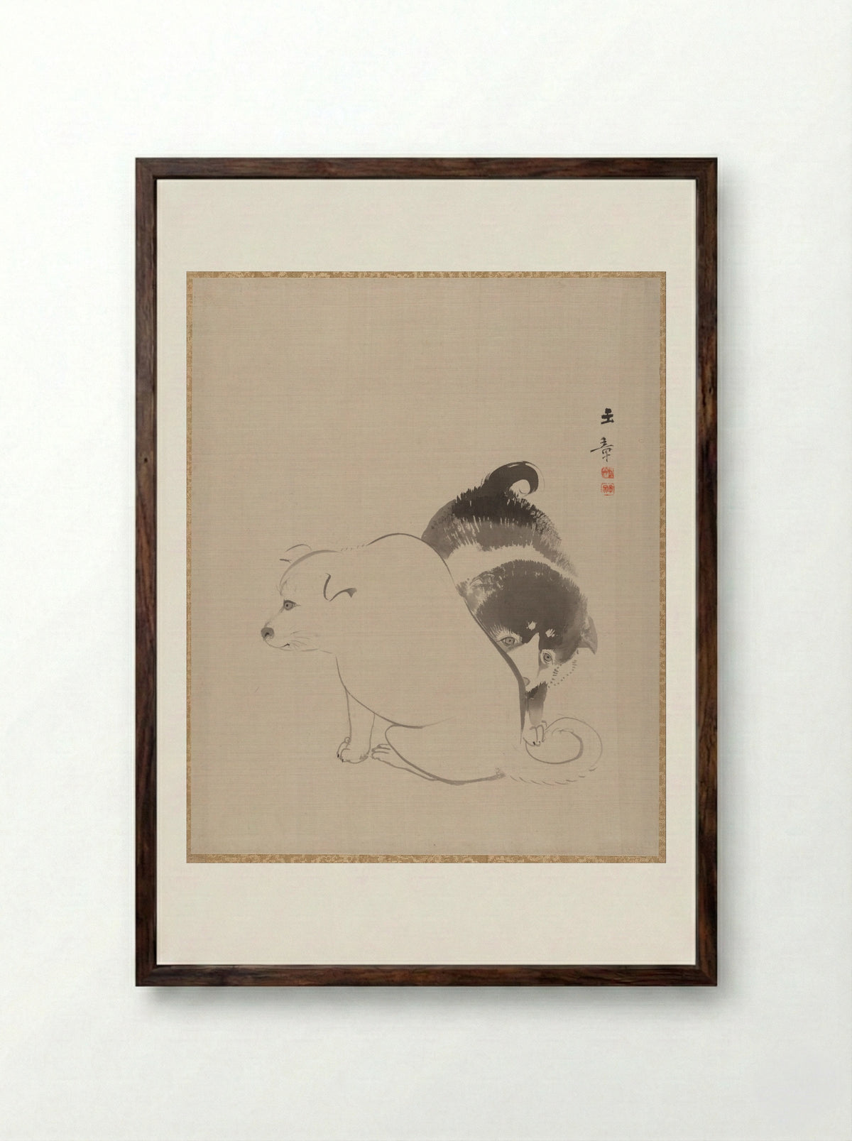 A Pair of Puppies - Kawabata Gyokushō - Framed Print Dark Wood