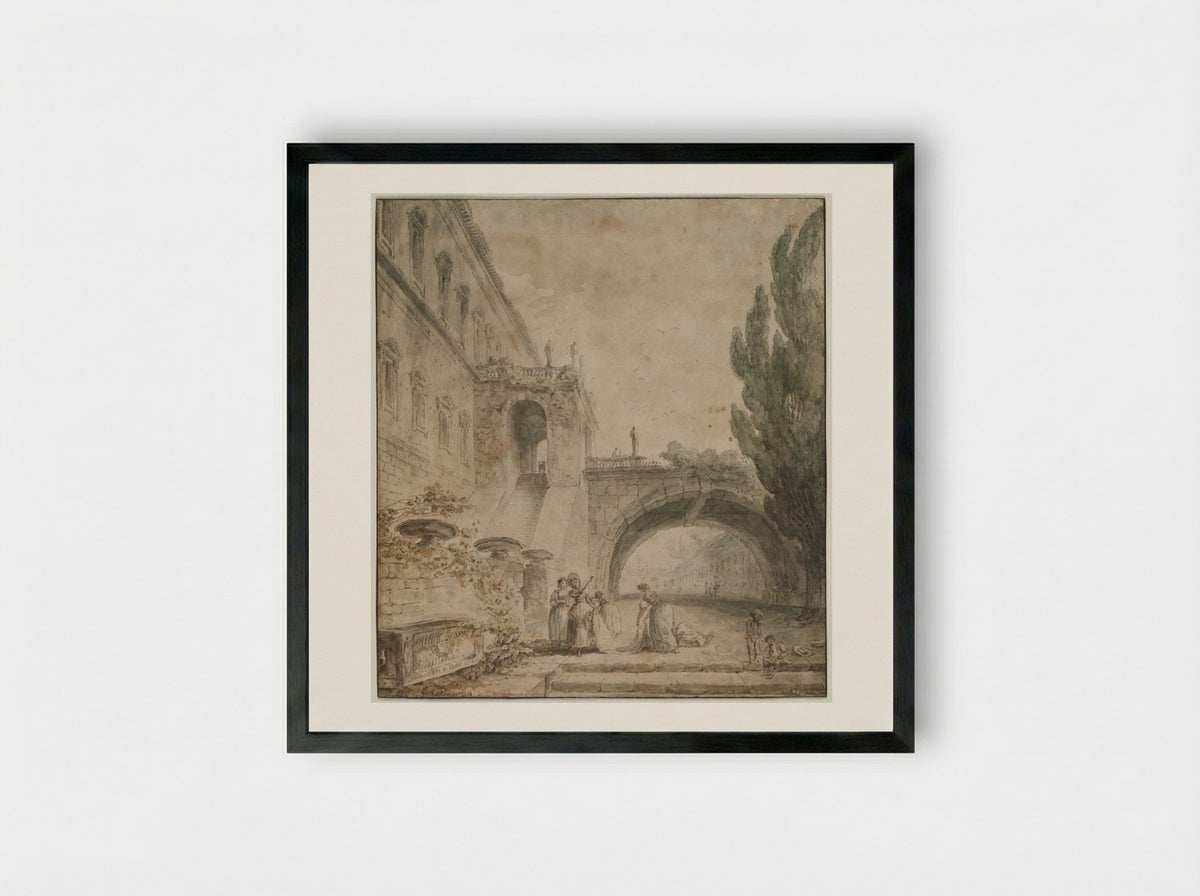 A Palace with an Arched Bridge (A Roman Villa) - Hubert Robert - Framed Print Black