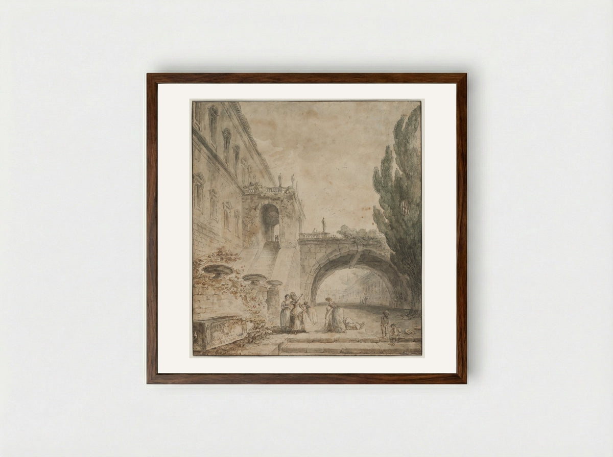 A Palace with an Arched Bridge (A Roman Villa) - Hubert Robert - Framed Print Dark Wood