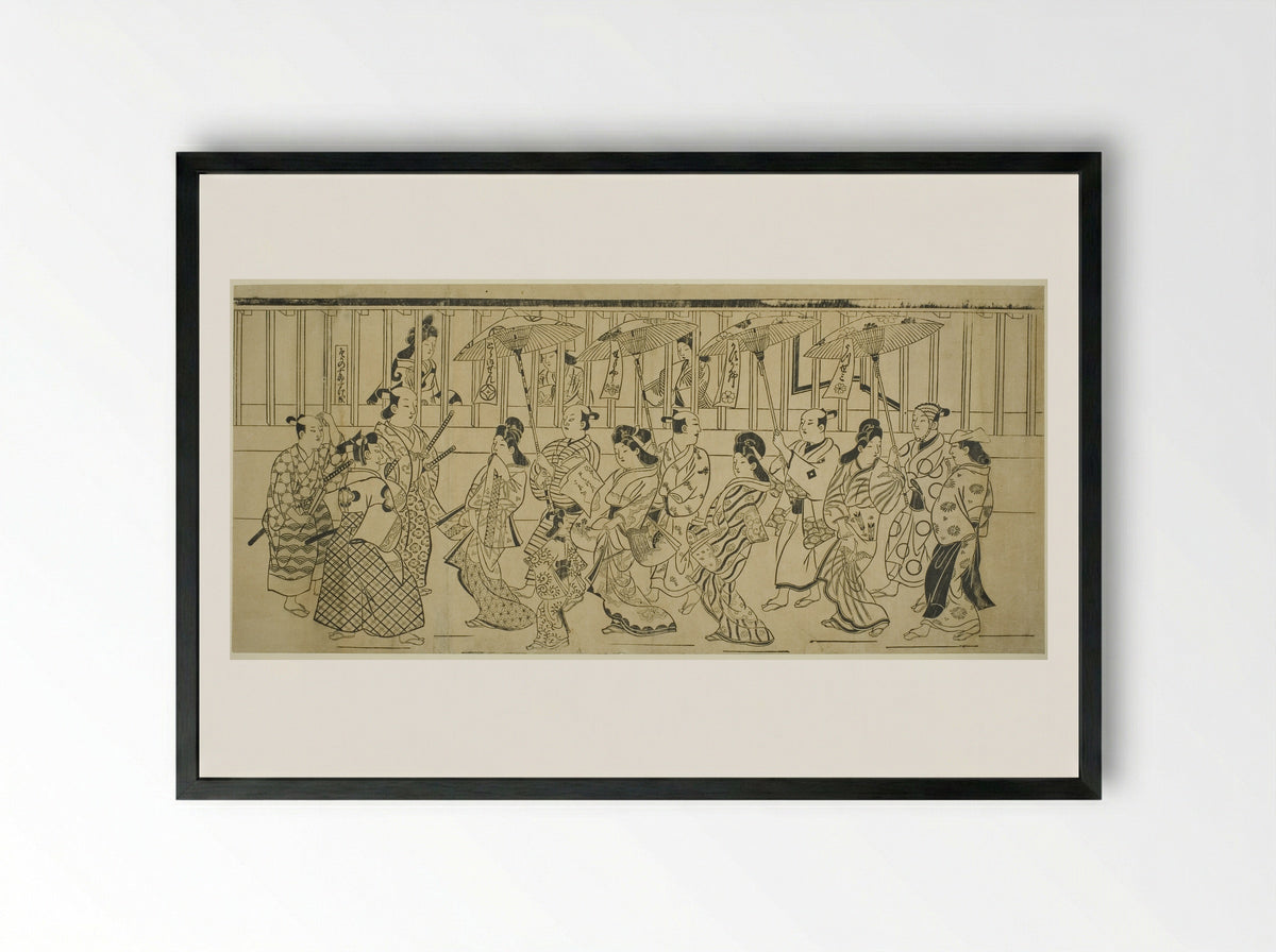 A Parade of Courtesans - Hishikawa Moronobu - Framed Print Black