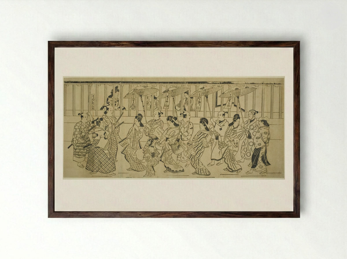 A Parade of Courtesans - Hishikawa Moronobu - Framed Print Dark Wood